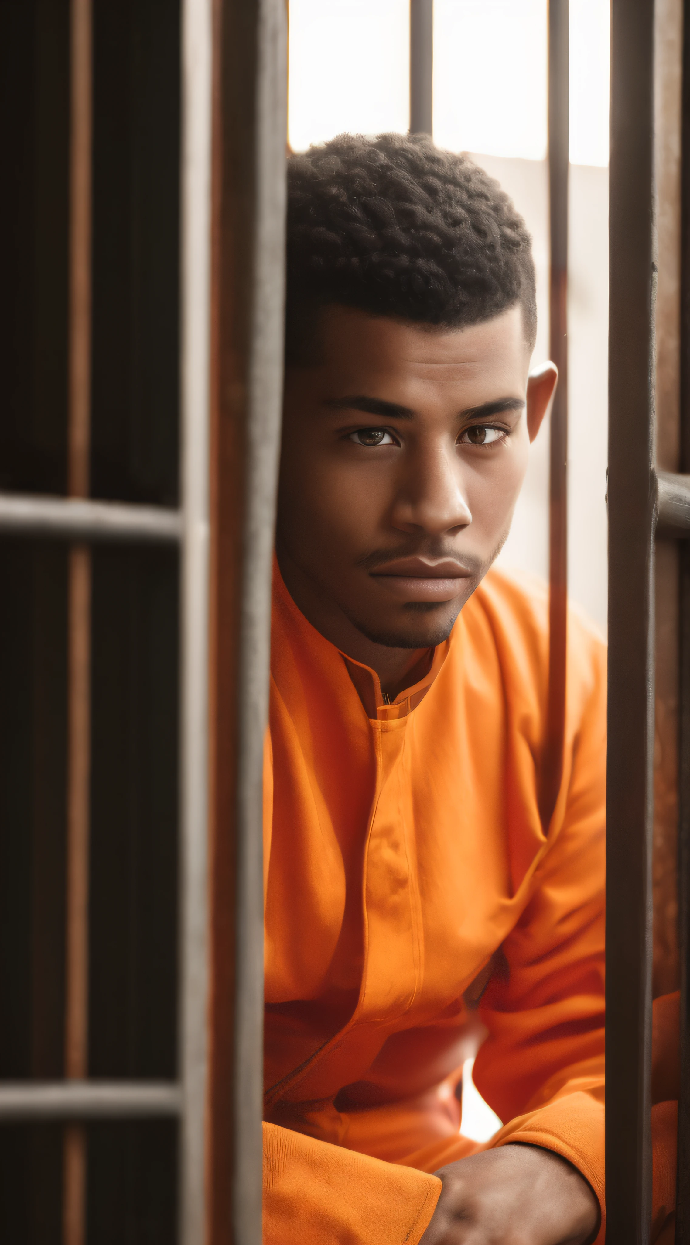 generate a highly detailed 4K photographic portrait of a male prisoner sitting in a jail cell in a modern US prison. He is wearing an orange jumpsuit uniform. Light is streaming into his clean, sparse cell from a small window. The man is sitting on the edge of the bed, looking up and forward with an optimistic, hopeful expression on his face. His eyes and slight smile convey a sense of resilience, redemption, and belief in a better future. Use soft lighting and shallow depth of field to create a compelling portrait. Enhance details like the textures and folds of his clothing and the shadows on his face. The image should have a humanizing, thoughtful tone."