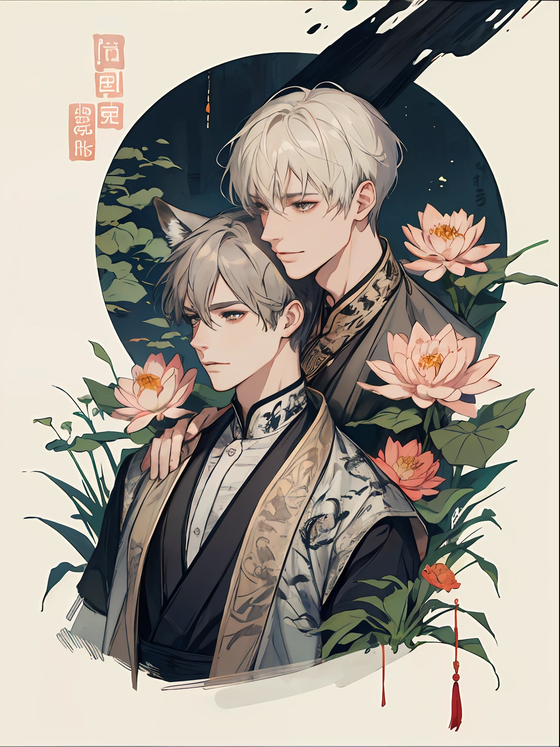 ((4K、masterpiece、top-quality))、(Two men smiling face to face)、Gray-haired man with beautiful fox ears、Armin Arlert、Strong man with black hair with wolf ears、Aalvin Smith、ink and watercolor painting、Traditional Chinese Ink Painting、lotuses、Hanfu、Maxi Kit、Dress conservatively、Animal ears,、bule、florals、Lots of flowers nearby、shenron、extra detailed face