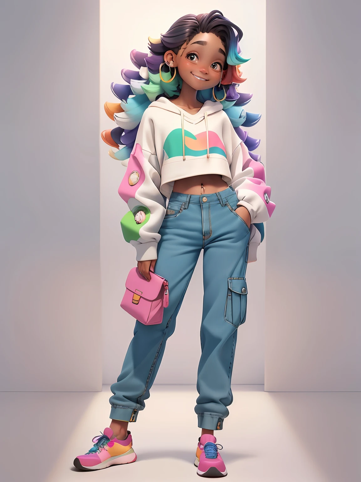 uma menina morena, corpo inteiro, sorrindo, cabelo longo, multicolorido, curto, enrolado, com fones de ouvido, sweatshirt and pants, multicoloridoido, tridimensional, Miscellaneous color matching, using resolution