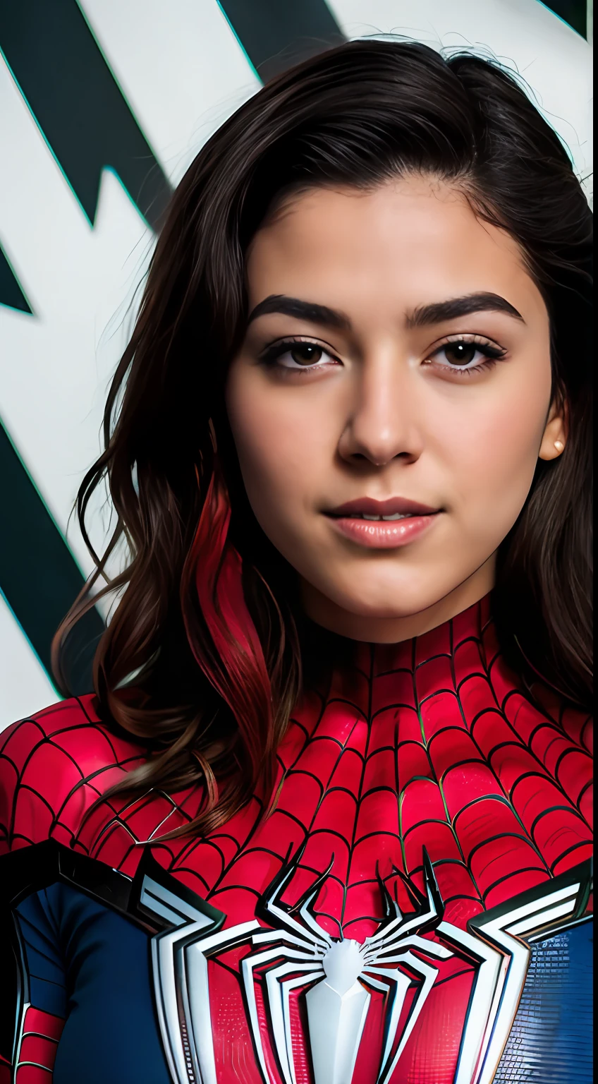 Foto RAW em sequencia, uma foto de uma adolescente 16anos, (((vestindo como cosplay Spider-Man))), rosto detalhado, planos de fundo detalhados pouco desfocados, luzes naturais, HDR, foto realista, foto profissional, flerte com o espectador, visual sexy, fotorrealista, Linda, pele natural, 8k UHD, alta qualidade, filmic grain, Fujifilm XT3