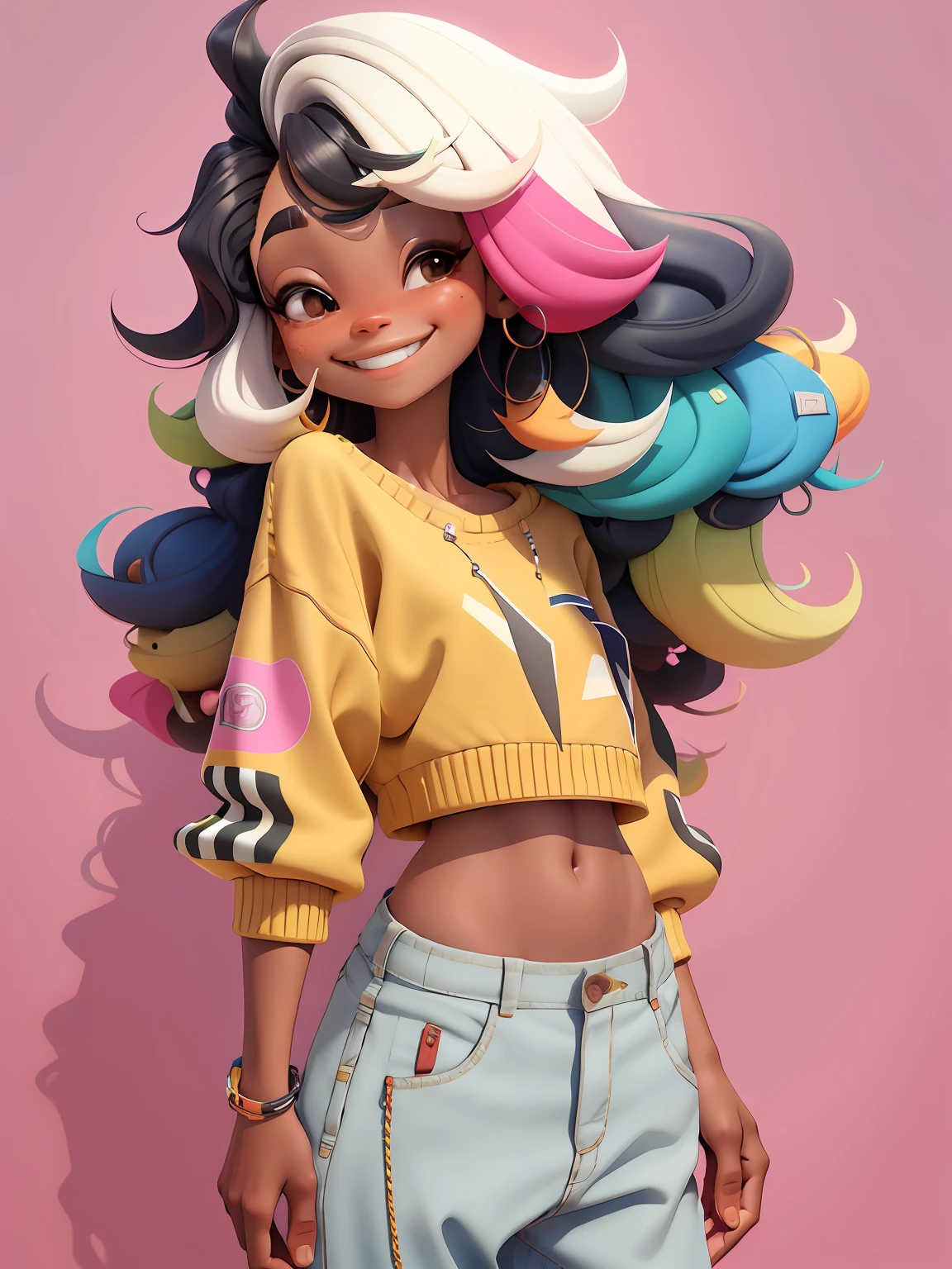 uma menina morena, corpo inteiro, sorrindo, cabelo longo, multicolorido, curto, enrolado, com fones de ouvido, sweatshirt and pants, multicoloridoido, tridimensional, Miscellaneous color matching, using resolution