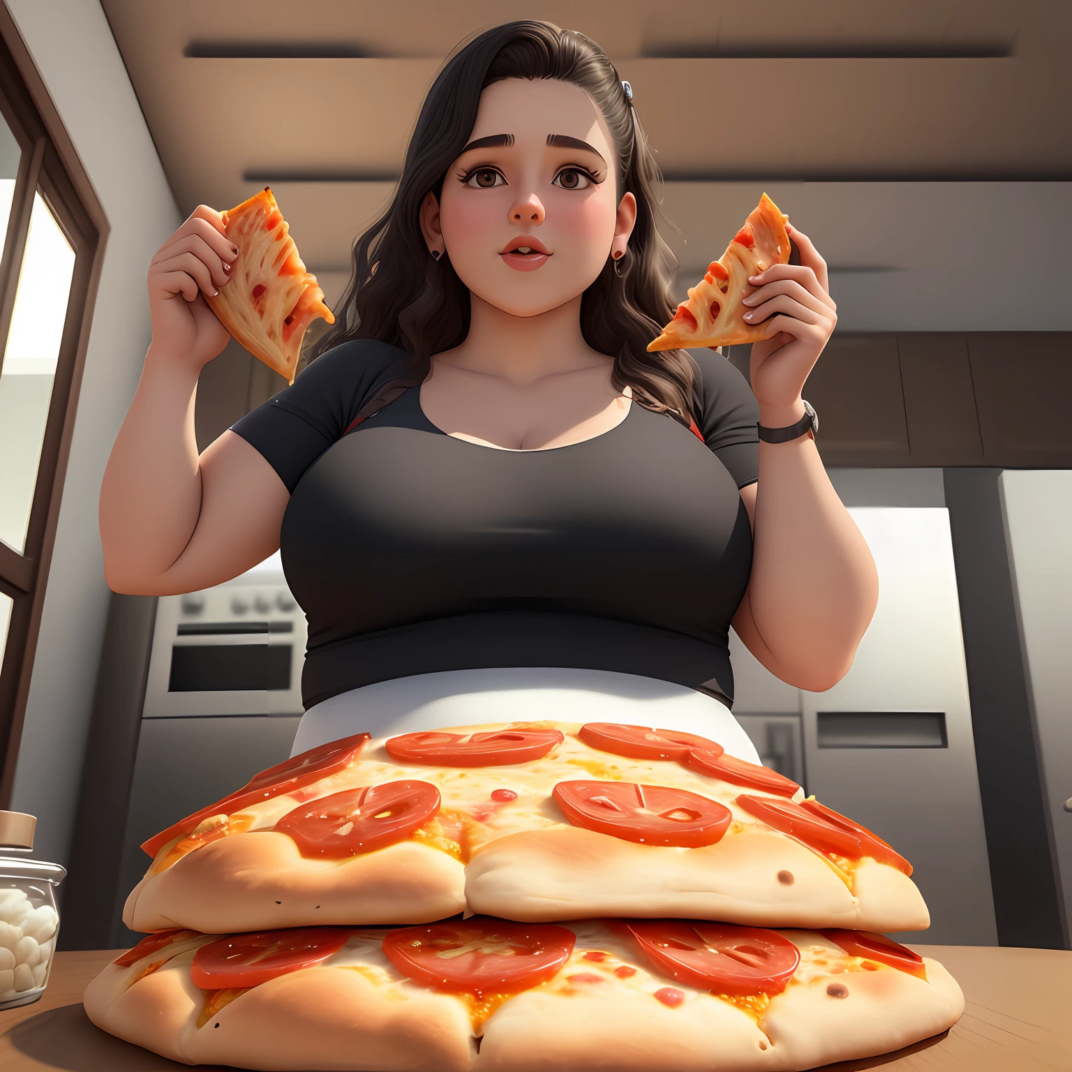 There's a woman eating a slice of pizza with a ,obeso, obeso, mulher gorda, pizza!, sobrepeso, Ad image, um obeso, 🥥 🍕 Hibrido, thicc, segurando pizza, imagem de comida super realista, apresentando pizza, Realistic!!, mastigando pizza, 3 dmax sobrepeso tristeza, seios pequenos