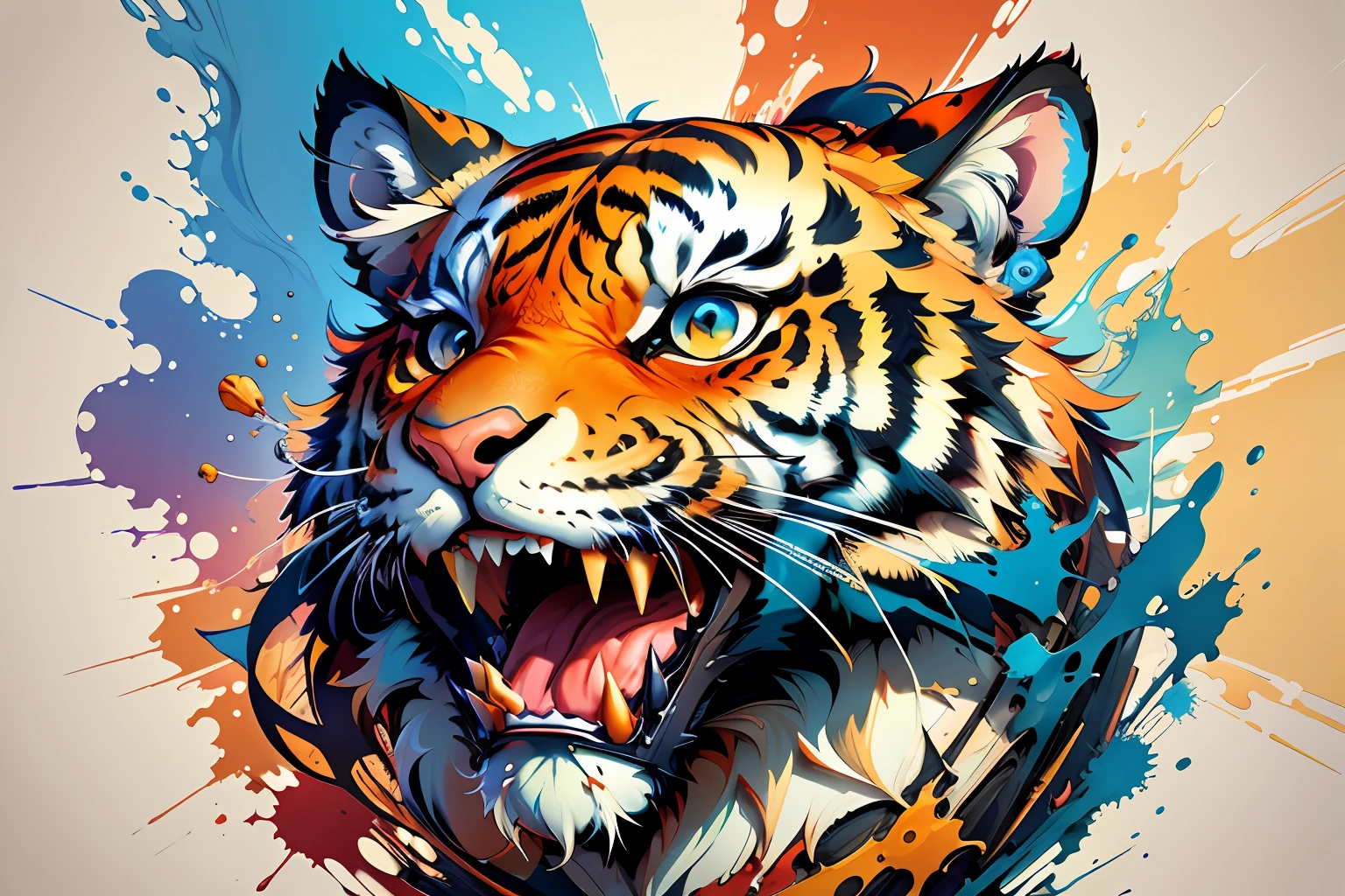 distorted face art of a cartoon tiger candy of vibrant colors in the form of a shield with brush TECHNIQUE and splash effects