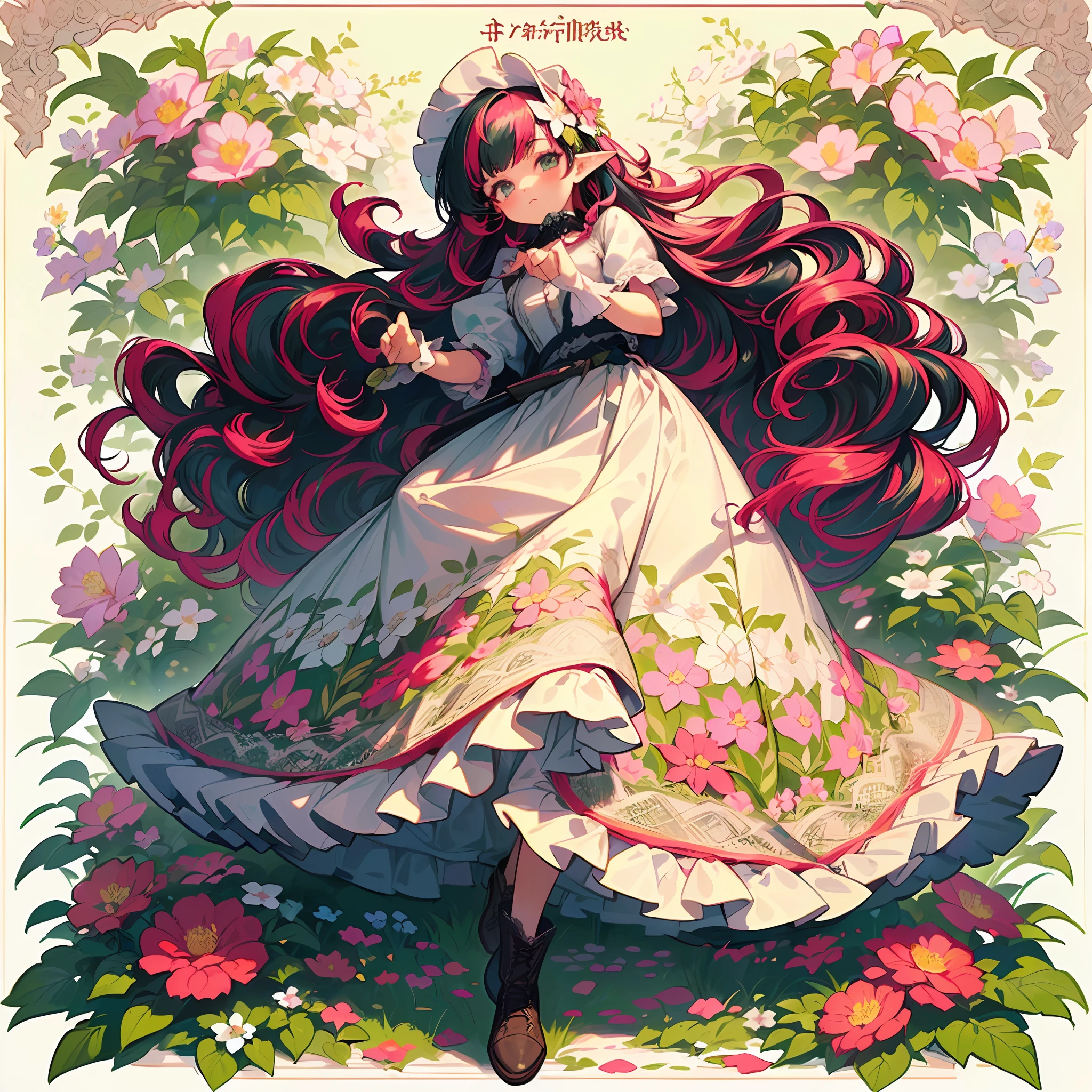 ((anime:1.1)),((Botanical art background:1.3)),white background,fullbody,((cute 1 girl:1.2)),chubby,has a big sword,very long hair,((short-sleeved dress,:1.2)),((with ruffled collar)),((ruffled lace)),((long skirt:1.3)),boots,elf, looking at viewer,((flower background:1.2)),((multicolored lots of flowers:1.3)),