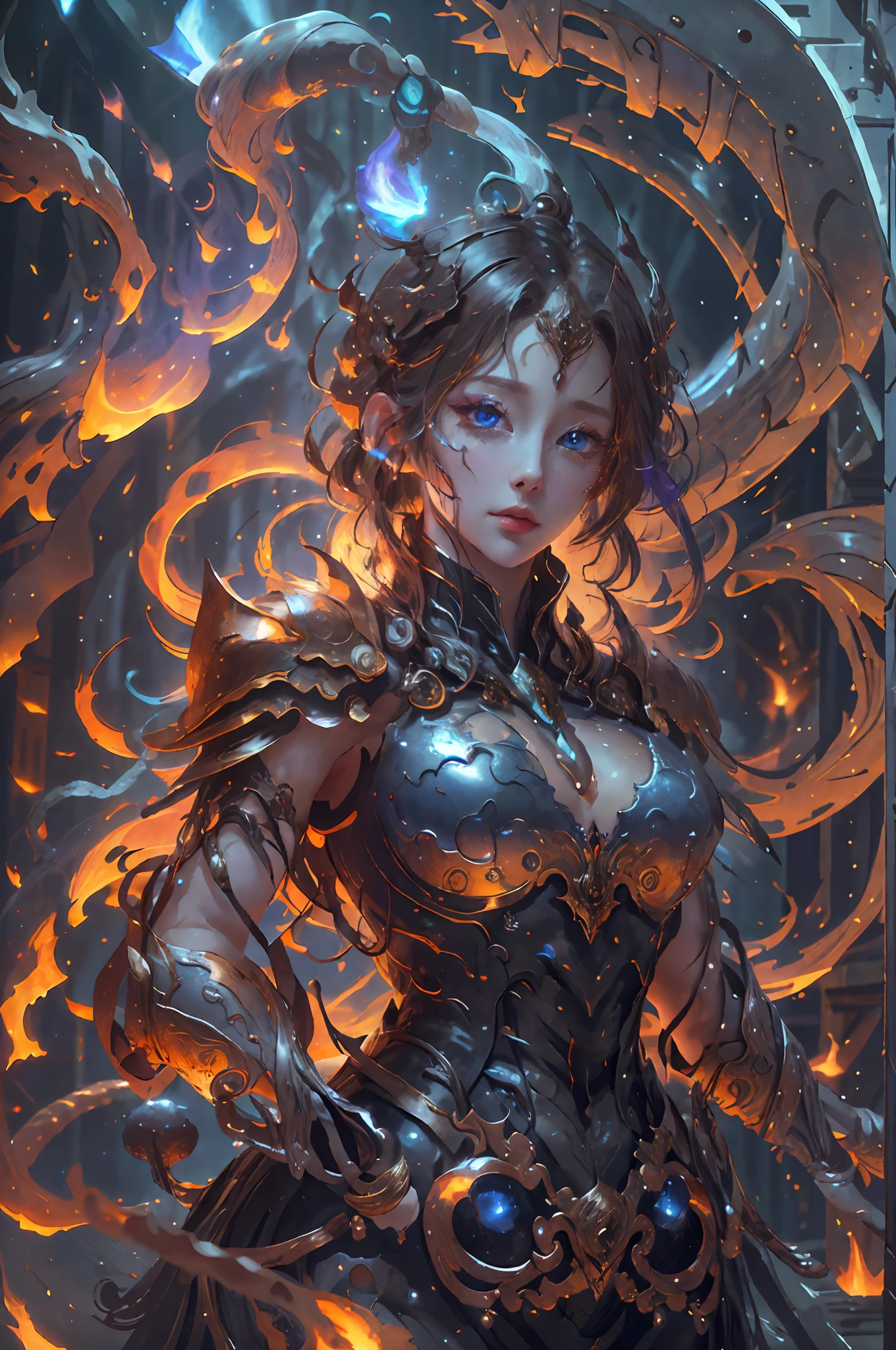 8k, complex, elegant, highly detailed, majestic, digital photography, denim lens, surrealist painting, broken glass, (masterpiece, side light, fine beautiful eyes: 1.2), HDR, void, energy lightning storm, woman, wearing palatial battle armor, raining, beautiful, facing the audience, masterpiece, upper body