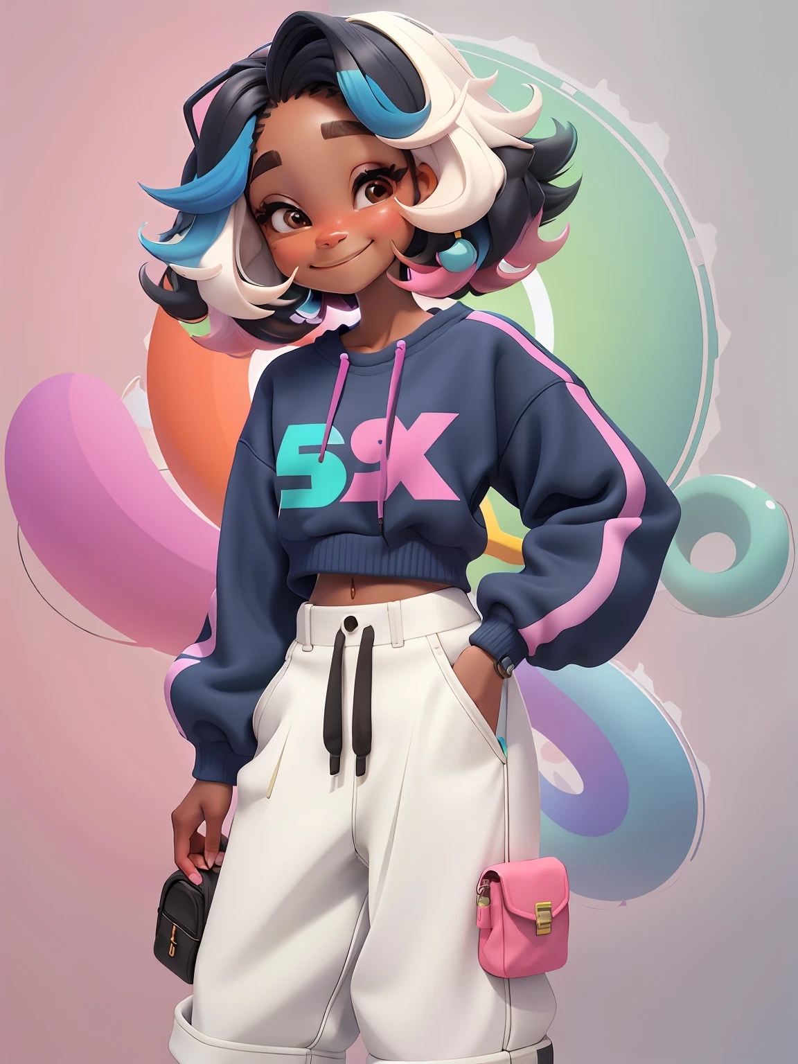 uma menina morena, corpo inteiro, sorrindo, cabelo longo, multicolorido, curto, enrolado, com fones de ouvido, sweatshirt and pants, multicoloridoido, tridimensional, Miscellaneous color matching, using resolution