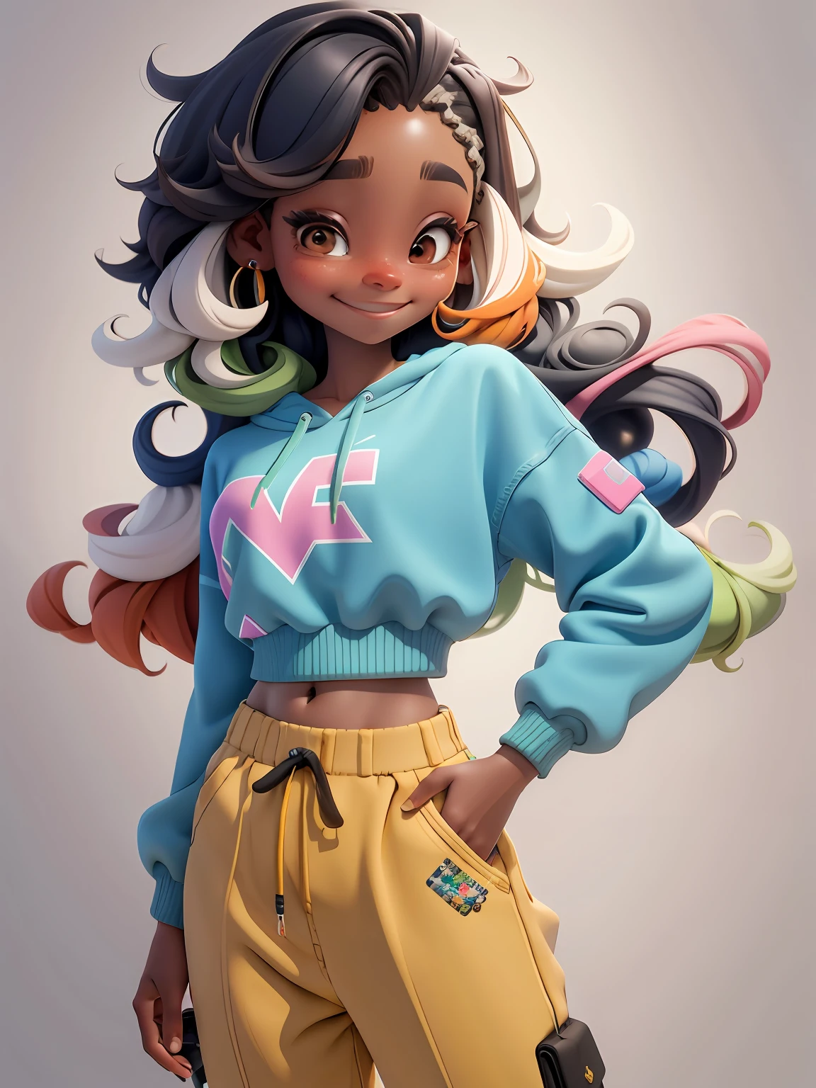 uma menina pele branca, morena, corpo inteiro, sorrindo, cabelo longo, multicolorido, curto, enrolado, com fones de ouvido, sweatshirt and pants, multicoloridoido, tridimensional, Miscellaneous color matching, using resolution