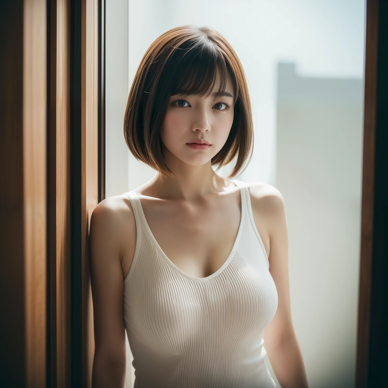((8K:1.27)、top-quality、masterpiece、超A high resolution:1.2)Photo Beautiful Japan woman(pleasing:1.1) detaileds、Geometry、Gradient lighting、1girl in、Delicate skin、looking at the viewers、Brown-eyed、(short hair with bangs:1.2)、(very big boobs:1.0)、(medium areola:0.8)、(realisitic:1.4)、(top-quality:1.0)、(超A high resolution:1.0)、8K、Raw photography、(masterpiece:0.2)、(pureerosface_v1:0.5)、Woman looking out the window、Exclude from the outside world、Angle seen from the outside、peek、