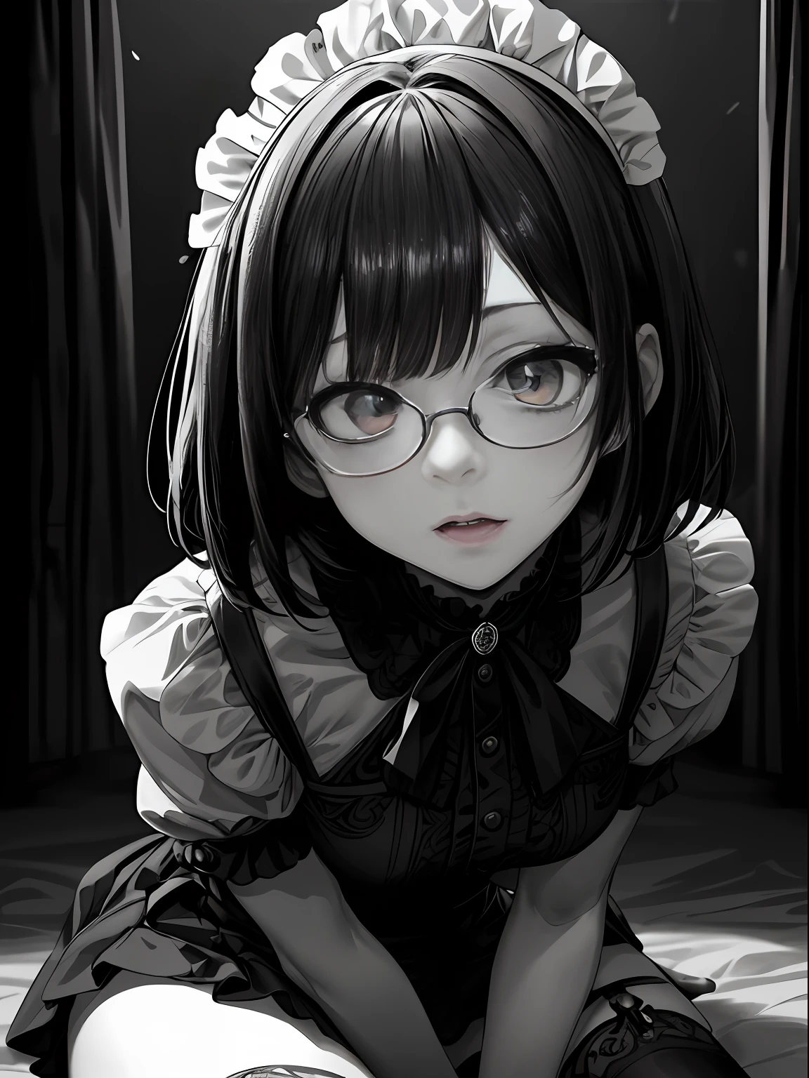 1girl in, [Twin-tailed], Shaded face, Maids, crazy, skirt rift, pantiy, [self lift]、eye glasses、put on glasses、eye glass、bob cuts、all-fours、yes、A dark-haired、Blunt bangs、Red brilliant eyes、Sexy、Nasty face、Sitting,hand between legs,maid, over-kneehighs,Ahegao , Silly,Sexual ecstasy,Drunken eyes,Blunt bangs, Black hair,(masutepiece:1.2, Best Quality), (finely detailed beautiful eye: 1.2), (Detailed background,Dark Fantasy), (beautifull detailed face), High contrast, (Best Illumination, extremely delicate and beautiful), ((Cinematic Light)), Colorful, Hyper Detail, Dramatic light, Intricate details,