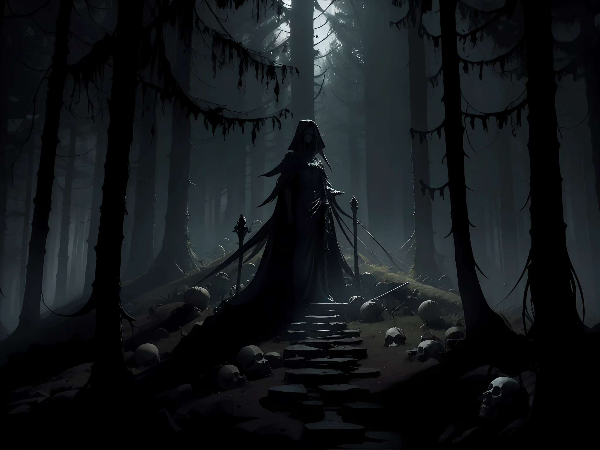 A statue of a terrifying woman on top of human skulls in a dense, Dark forest at night in full moonlight, Clima denso, gothic horror vibes, arte de fantasia de terror, cores mortas