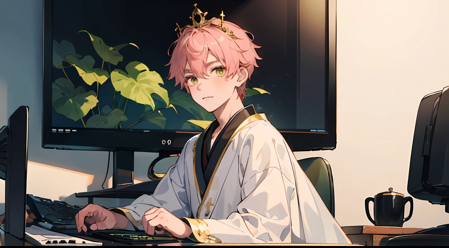 (AS-Young:1.7), (1boy:1.8), (male focus:1.2), (cute:1.7) solo, solo focus, masterpiece, ((exquisite_detail)), illustration, (handsome), extremely_detailed_CG, pink hair, wearing a crown, gold eyes, green, white, blush, golden robe, merchant, leaf, sitting in front of a monitor with a stationary computer next to it, looking at the viewer, turned around, cute boy
