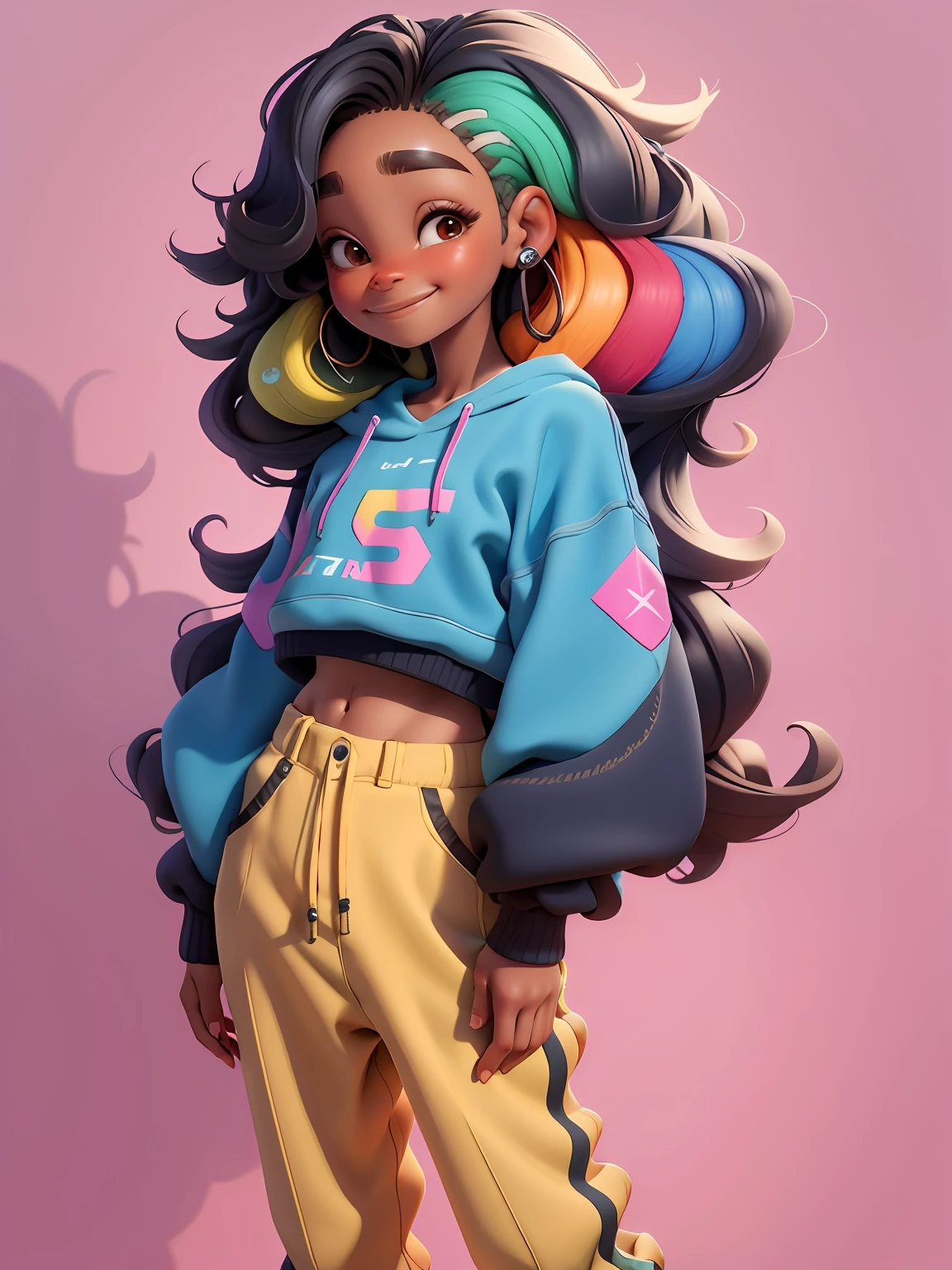uma pele branca, morena, corpo inteiro, sorrindo, cabelo longo, multicolorido, curto, enrolado, com fones de ouvido, sweatshirt and pants, multicoloridoido, tridimensional, Miscellaneous color matching, using resolution