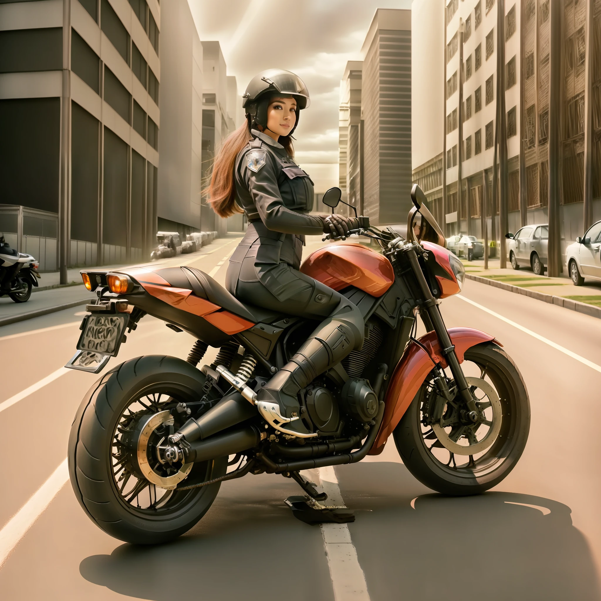 Beautiful woman attractive well realistic with police uniform on top of a police motorcycle day with sun best quality and best effects best shadows best lighting 8k ultra HD