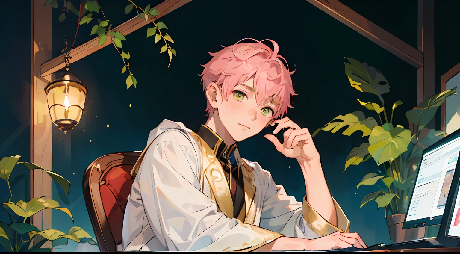 (AS-Young:1.7), (1boy:1.8), (male focus:1.2), (cute:1.7) solo, solo focus, masterpiece, ((exquisite_detail)), illustration, (handsome), extremely_detailed_CG, pink hair, wearing a crown, gold eyes, green, white, blush, golden robe, merchant, leaf, sitting in front of a stationary computer, looking at the viewer, turned around, cute boy