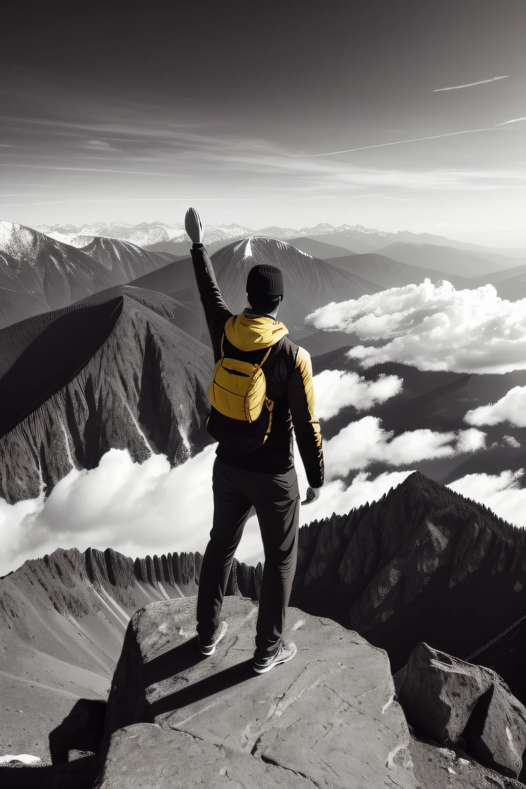 (a thrilled man), ( hand to the air ) , 1 man , ( back view ) , standing atop a majestic mountain peak, (black and white photography), (bold contrast), (man wearing a vibrant yellow jacket) , ( camera from distance behind the mountains) , ( vibrant sky and clouds) ultra detailed.