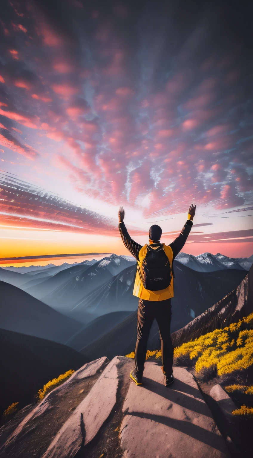 a thrilled man), ( hand to the air ) , 1 man , ( back view ) , standing atop a majestic mountain peak, (black and white photography), (bold contrast), (man wearing a vibrant yellow jacket) , ( camera from distance behind the mountains) , ( vibrant sky and clouds) ultra detailed.