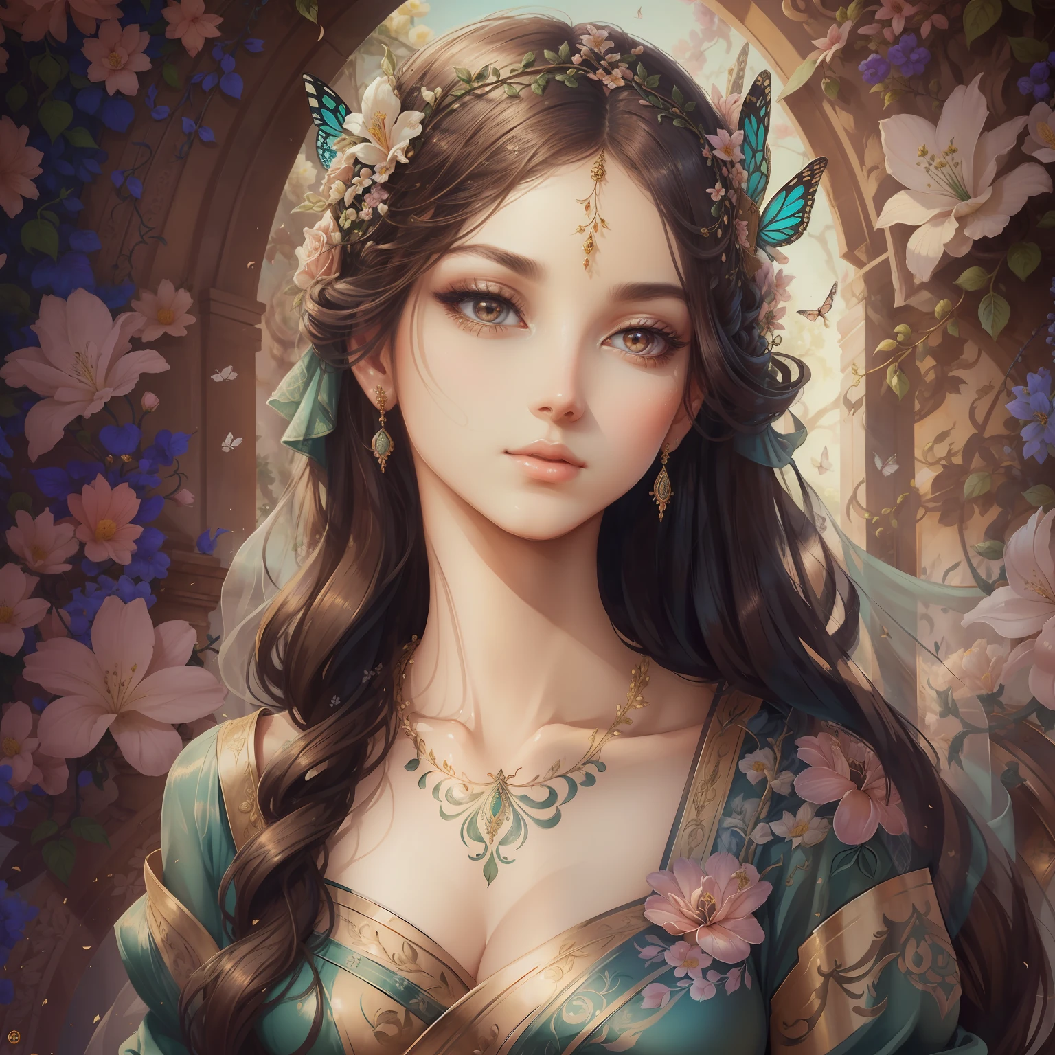 classical aesthetics,Beautiful and meticulous portrayal,High-definition detail,Ancient beauty,The posture is natural,The details stand out,Flowers, vines, butterflys,lovely lips,Revel in the eyes,Flowing, Smooth hair,Beautiful face,Ink painting effect,Natural light