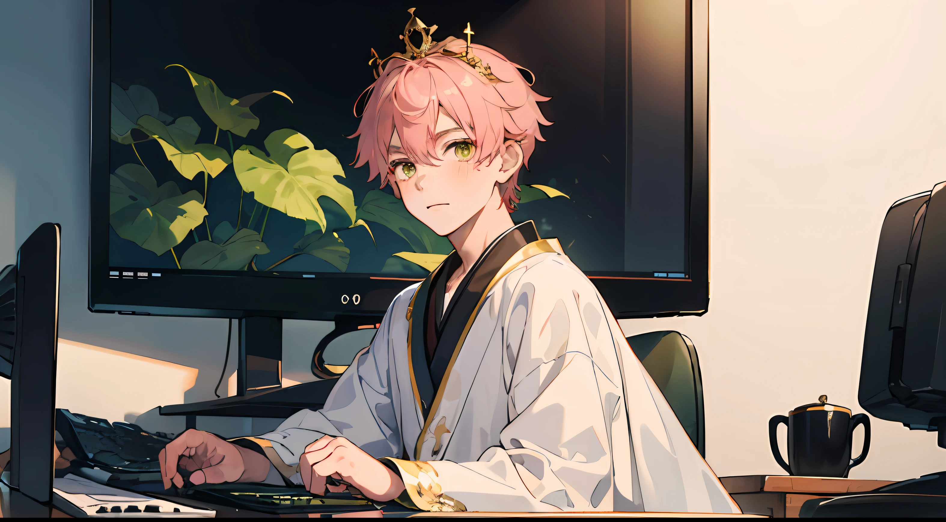 (AS-Young:1.7), (1boy:1.8), (male focus:1.2), (cute:1.7) solo, solo focus, masterpiece, ((exquisite_detail)), illustration, (handsome), extremely_detailed_CG, pink hair, wearing a crown, gold eyes, green, white, blush, golden robe, merchant, leaf, sitting in front of a monitor with a stationary computer next to it, looking at the viewer, turned around, cute boy