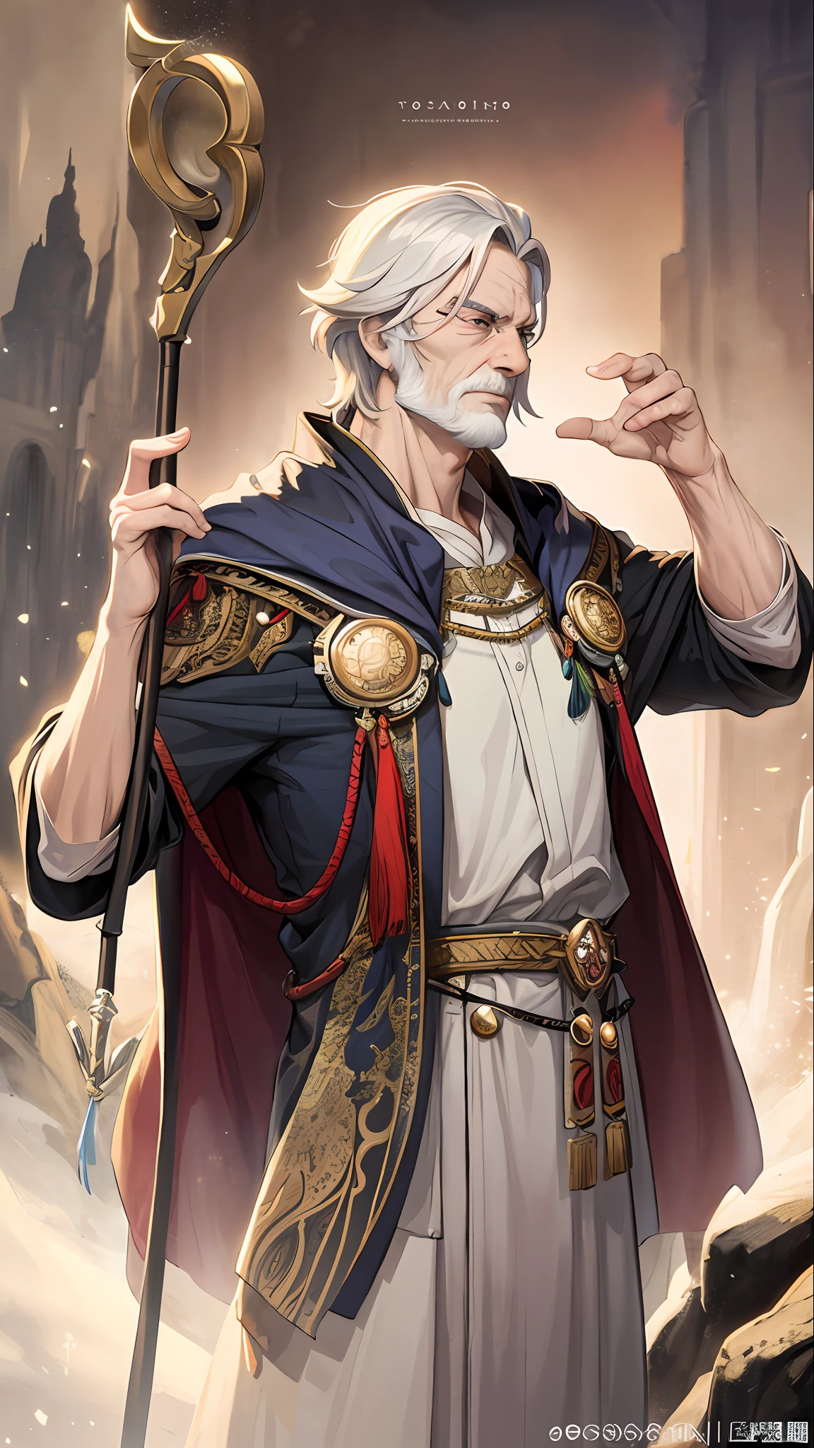 Thorian is a wise-looking and experienced old man. His face is marked by wrinkles that tell stories of years lived in past adventures. Ele veste roupas simples, But his robes display detailed embroidery that indicates his adventurous heritage. Thorian possui um olhar tranquilo e compassivo, and his voice is charged with wisdom accumulated over the years. He carries a staff decorated with mysterious symbols, a testament to your connection to the spiritual world., por Yang J, Exquisite Character Epic Art, arte de personagem impressionante, por Fan Qi, Directed by: Wuzhun Shifan, Guweiz em Pixiv ArtStation