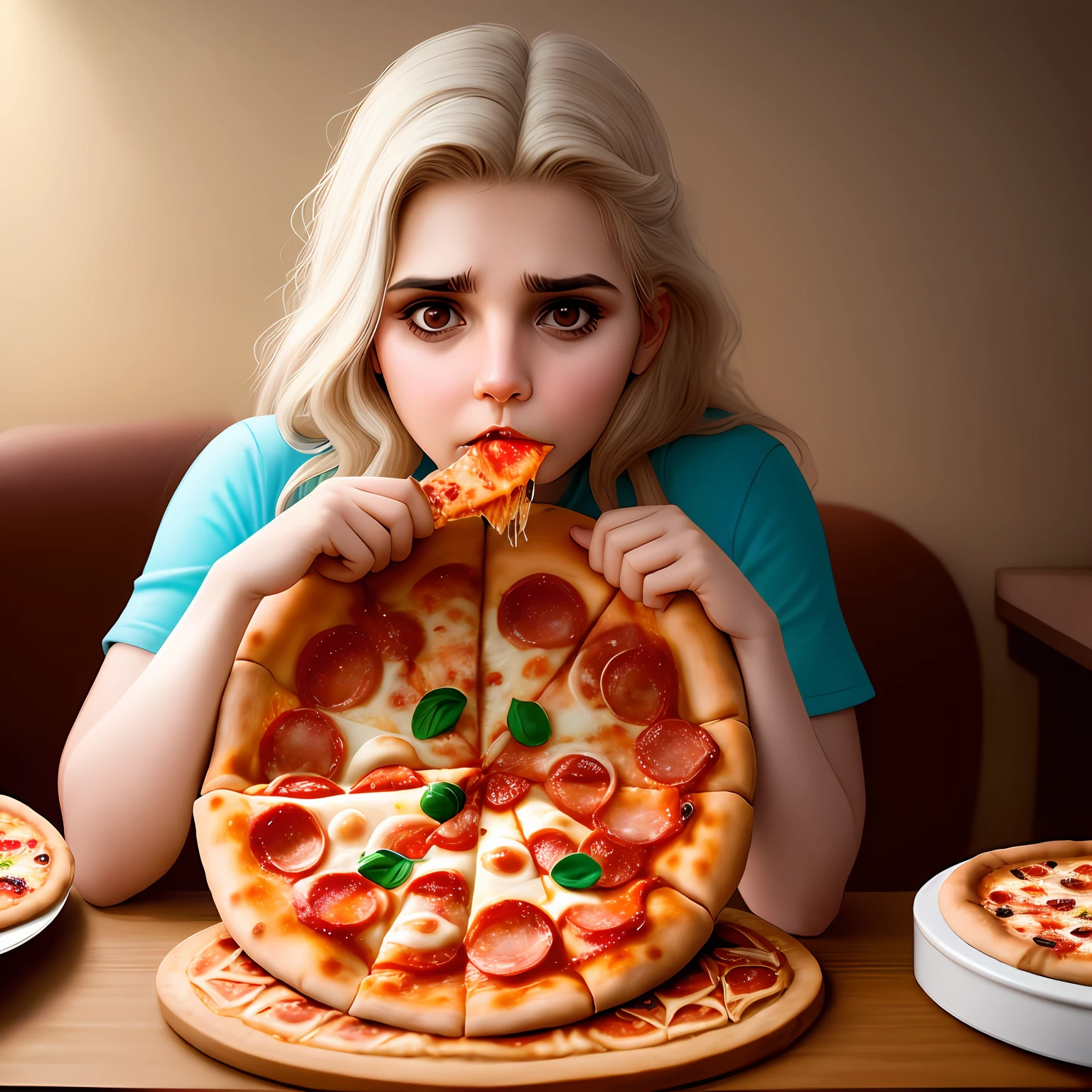 mulher em frente ao espelho triste comendo pizza, sobrepeso