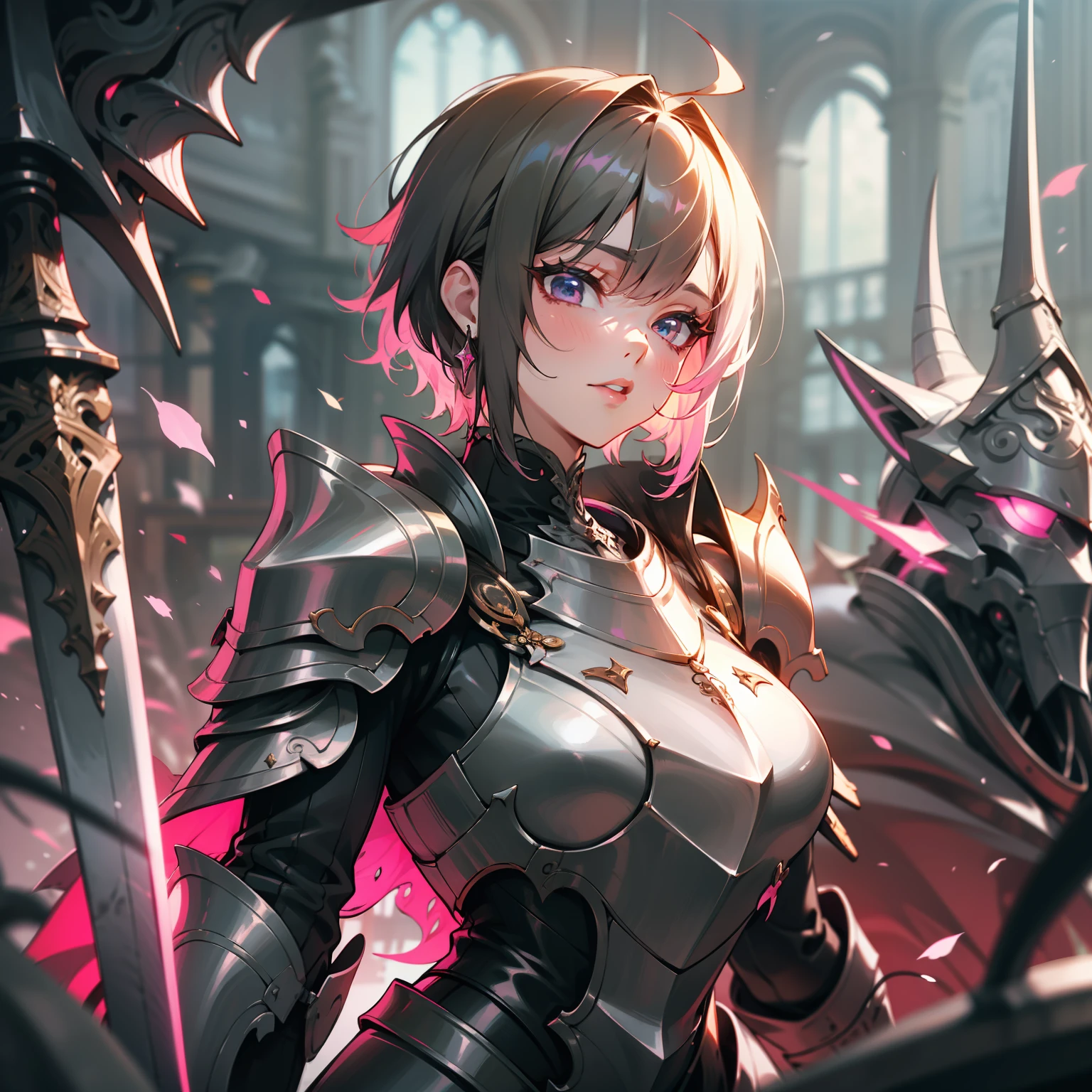 a woman, paladin, wildly black short hair, dark fantasy, detailed black and pink armor, detailed pink and black shield, large sword