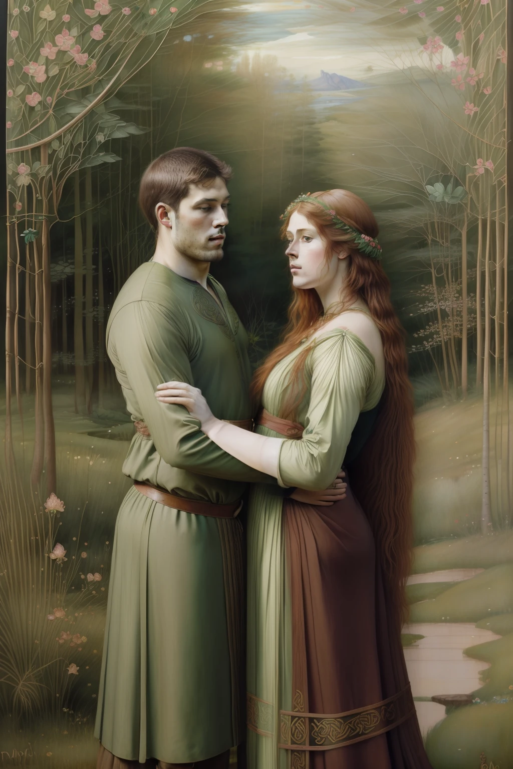 (((Pre-Raphaelite Celtic painting of an elbow, Moreno couple embrace, Floresta encantada, madressilva, noite)))