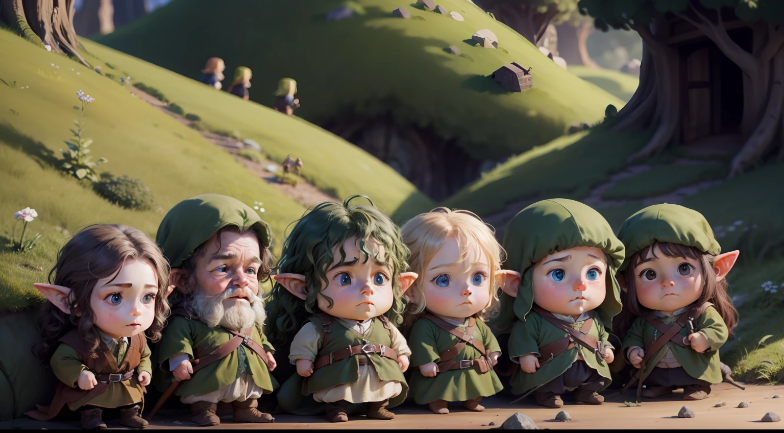 Close-up shot of small group of Hobbits near the share