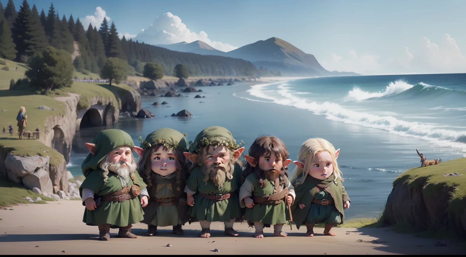 Close-up shot of a small group of Hobbits near the shore.