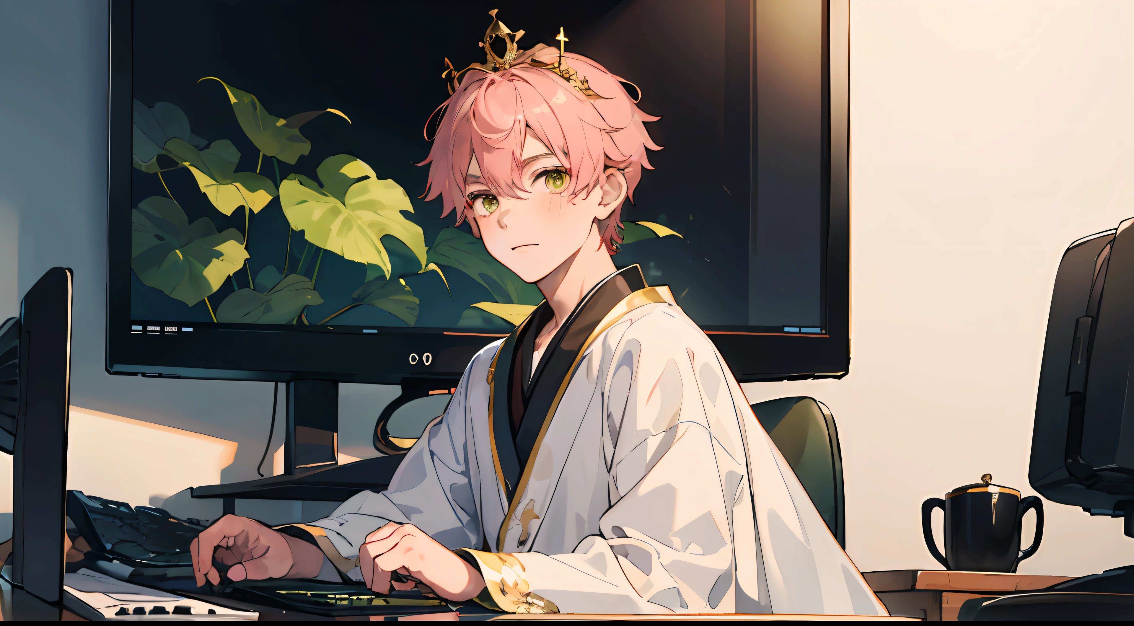 (AS-Young:1.7), (1boy:1.8), (male focus:1.2), (cute:1.7) solo, solo focus, masterpiece, ((exquisite_detail)), illustration, (handsome), extremely_detailed_CG, pink hair, wearing a crown, gold eyes, green, white, blush, golden robe, merchant, leaf, sitting in front of a monitor with a stationary computer next to it, looking at the viewer, turned around, cute boy