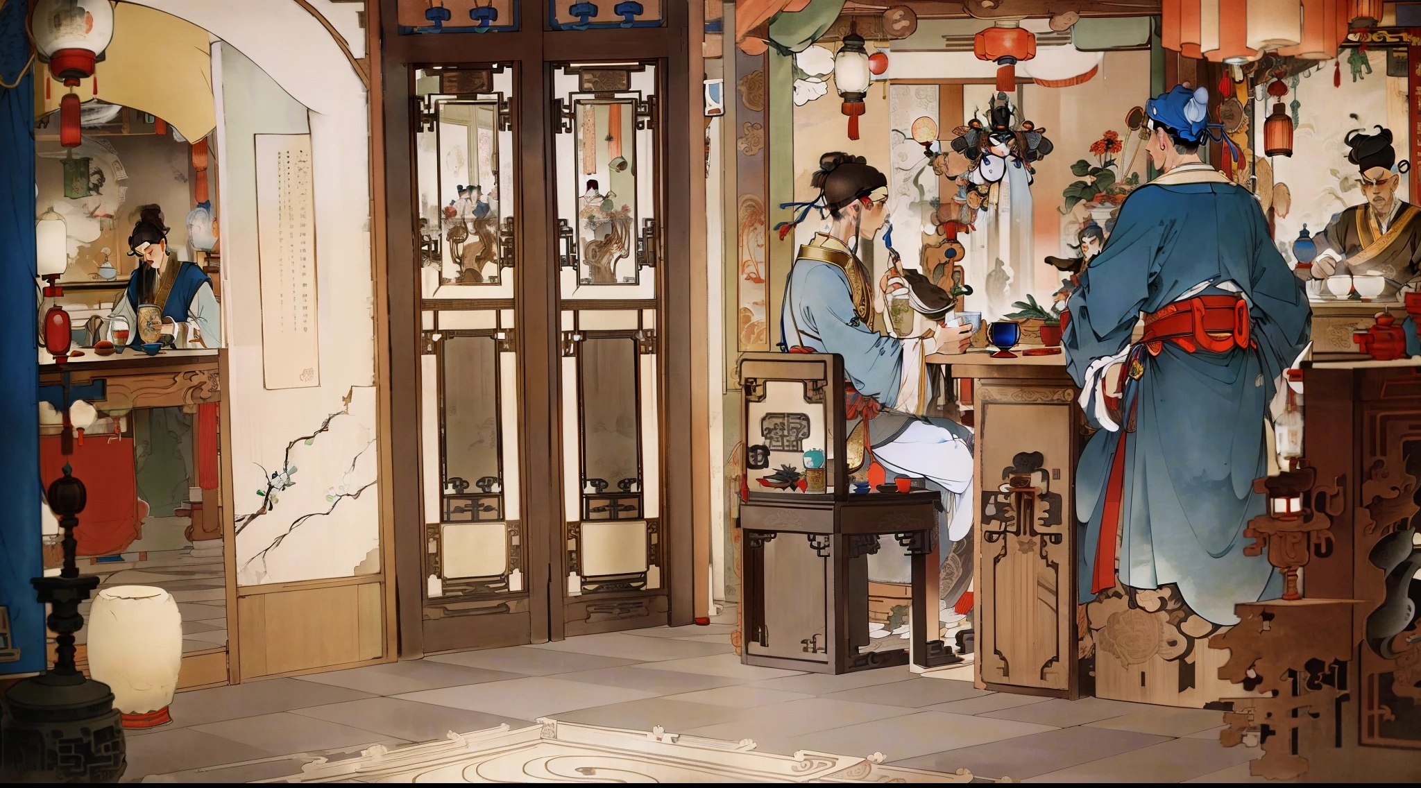 (best quality), (masterpiece), (detailed), side view, quiet Taoist temple, a room, wearing dark blue robes, drinking with two male guests, Taoist mirror cut out of paper hanging on the wall, the room is as bright as day.