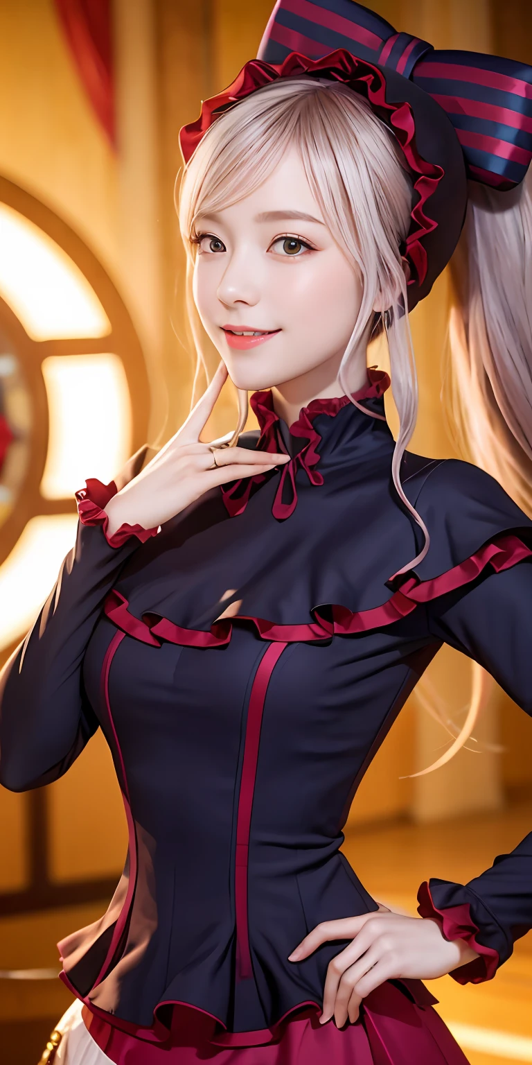 , top-quality, ShalltearV4, 1girl in, 独奏, doress, frilld, the bow, Hair Bow, tusk, Bewitching smile, pale-skinned, Shines, radiant eyes, portraitures,Complete body,