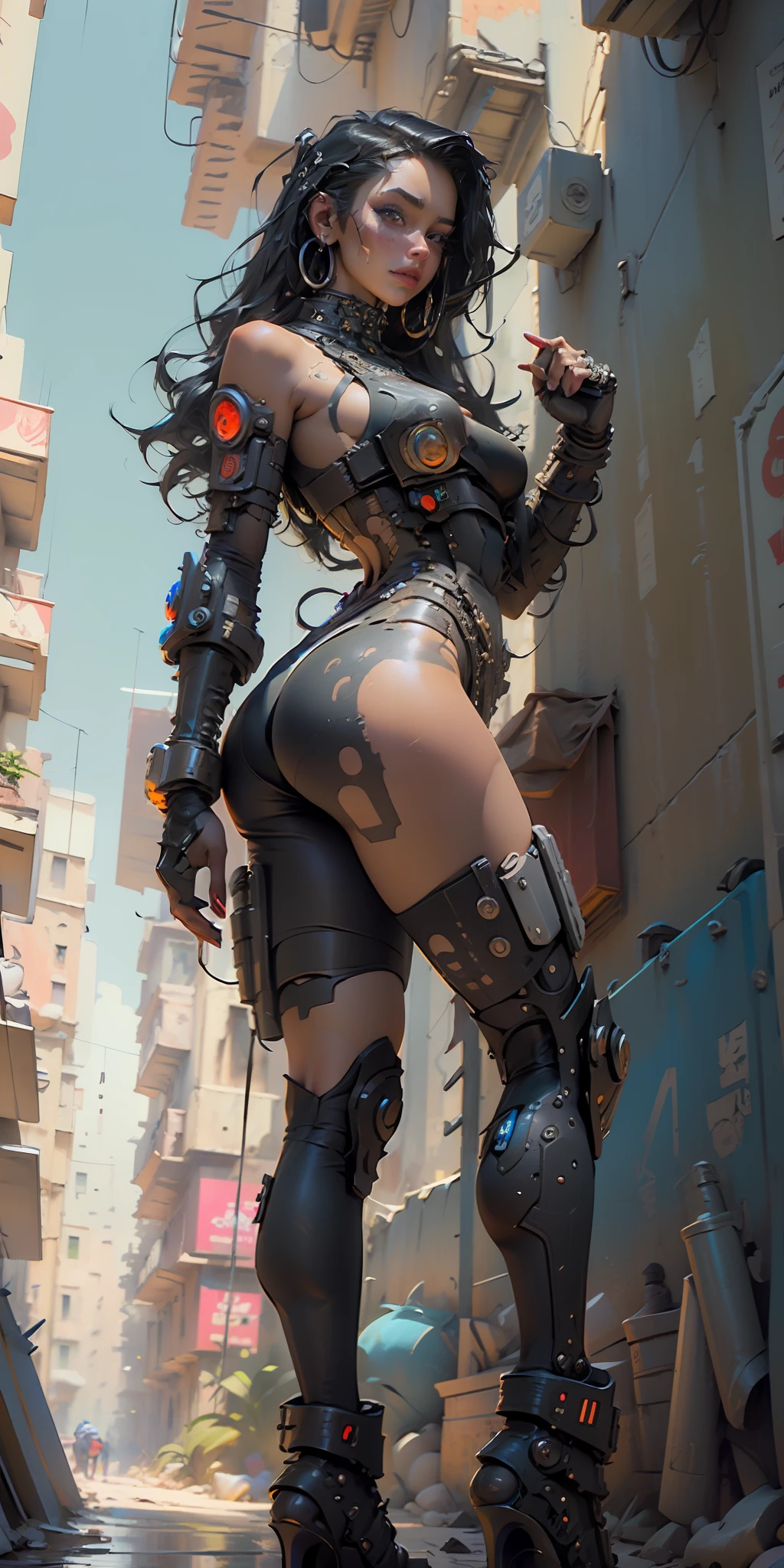 ((Best quality)), ((masterpiece)), (highly detailed:1.3), 3D, Latina woman goddess (cyberpunk:1.3), woman dressed as sexy one-piece maid, long black hair looking at camera, cuban women in havana, digital art picture, stylized digital illustration, digtial painting, in style of digital art, digital art oil painting, in the style of an oil painting