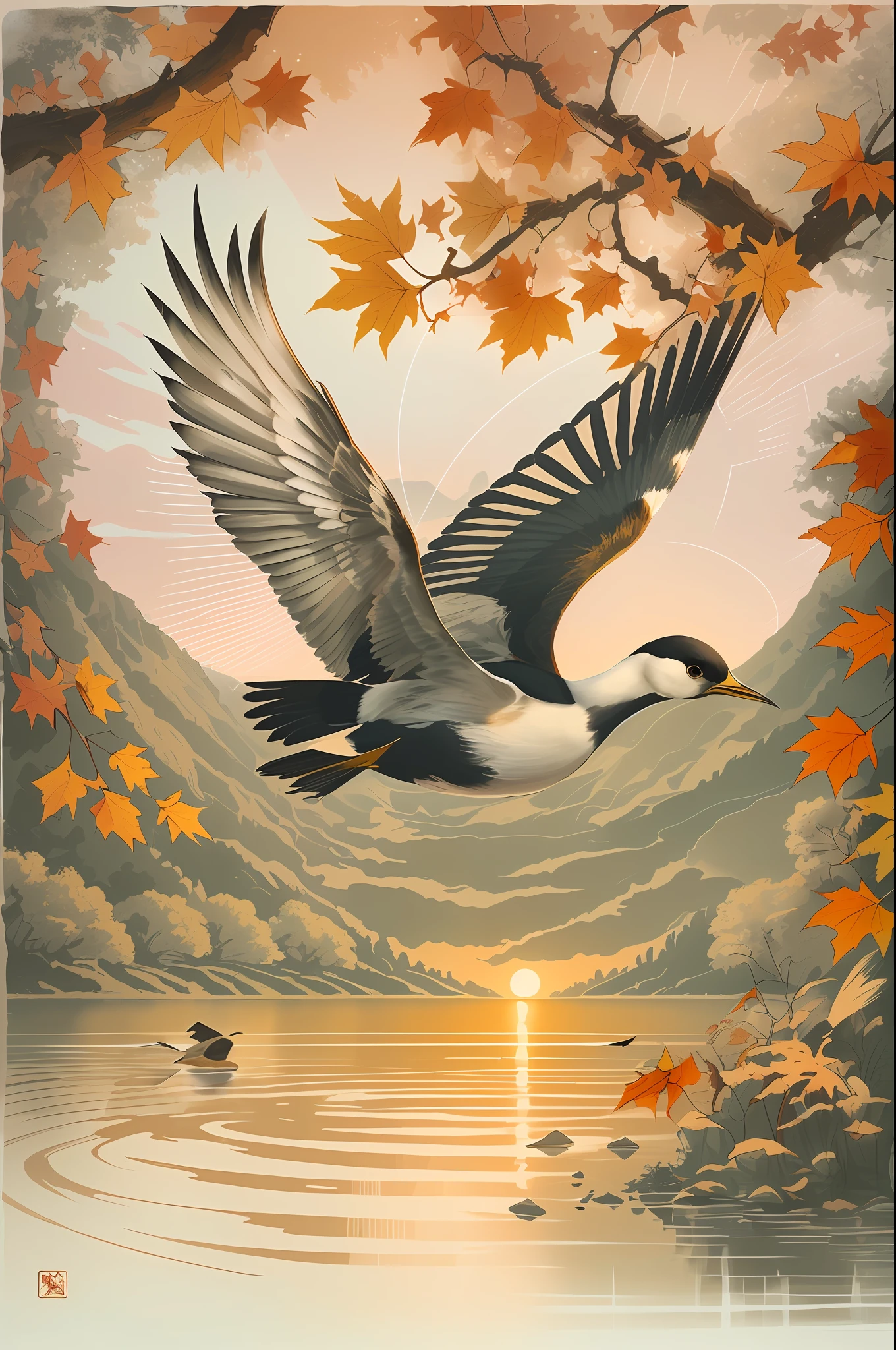 There was a bird flying over the lake, A beautiful artwork illustration, author:Nedelchev, HD art, author:Laszlo Balog, author:Konstantin Savitsky, author:Alexander Kucharisky, author:Igor Grappa, author:Dexko Uzunov, Beautiful digital artwork