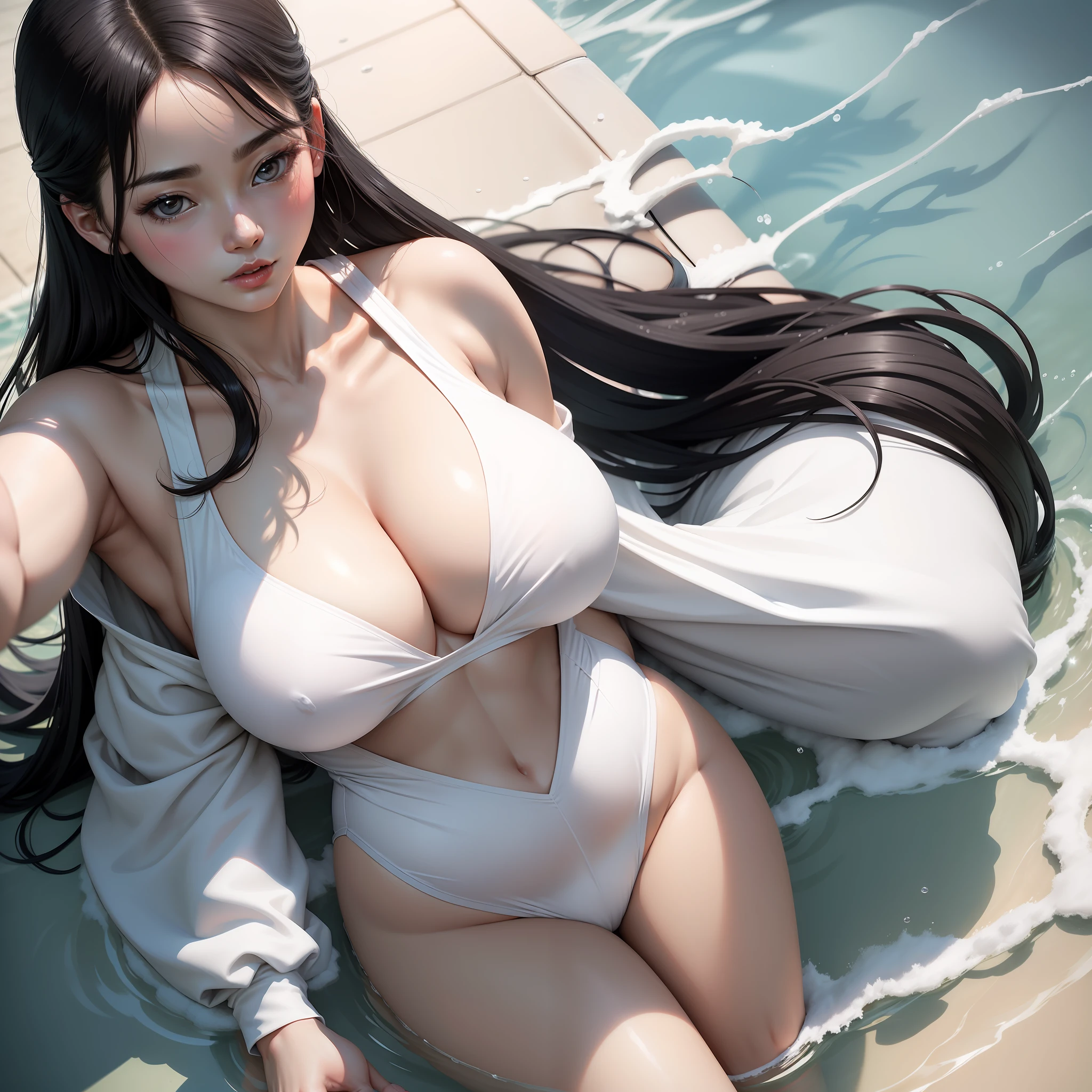 White clothes，Black hair，人物，femele，mature，swim wears，big breasts exposed cleavage