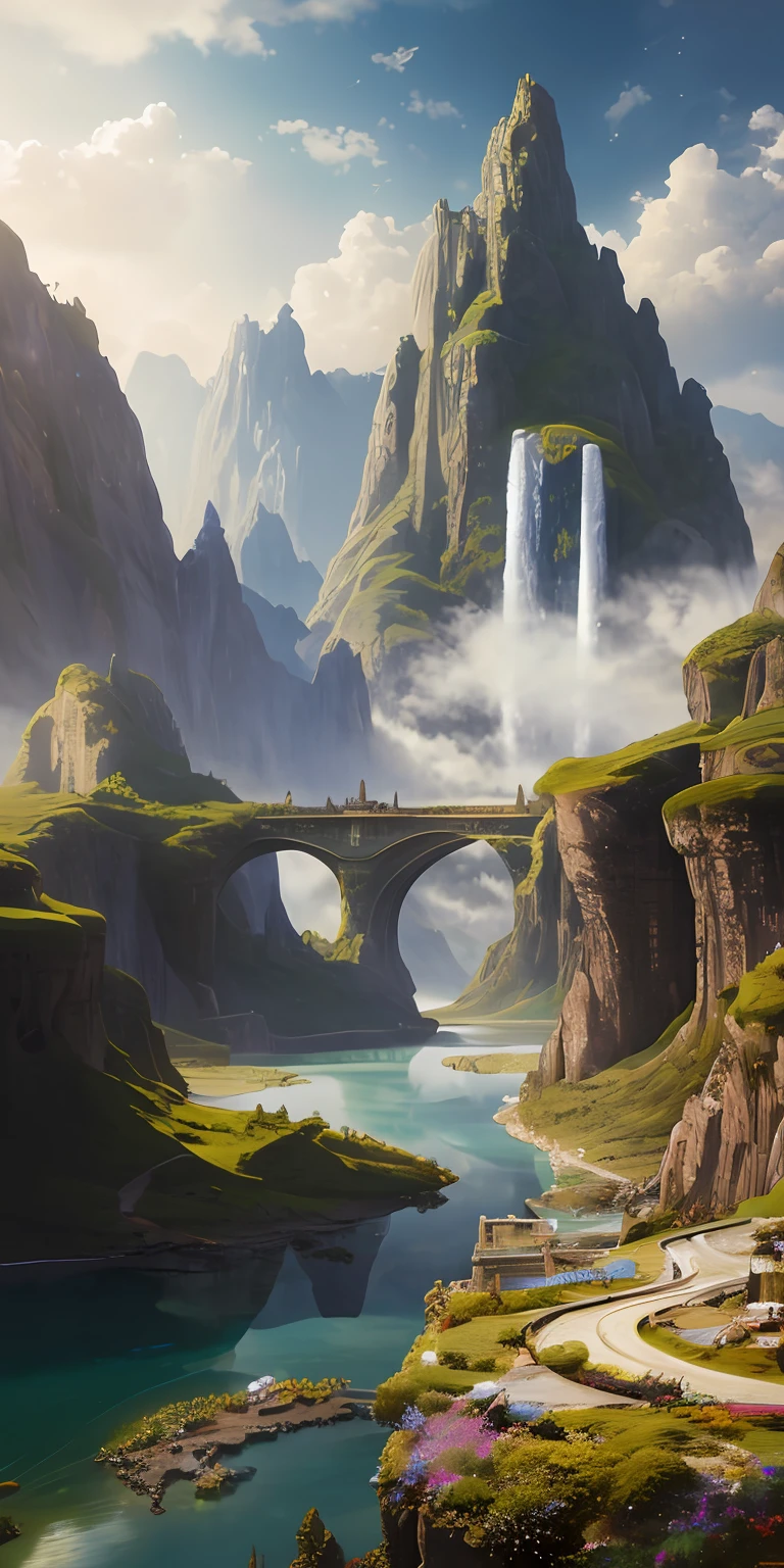 masterpiece, best quality, high quality, extremely detailed CG unity 8k wallpaper, scenery, outdoors, sky, cloud, day, no humans, mountain, landscape, water, tree, blue sky, waterfall, cliff, nature, lake, river, cloudy sky,award winning photography, Bokeh, Depth of Field, HDR, bloom, Chromatic Aberration ,Photorealistic,extremely detailed, trending on artstation, trending on CGsociety, Intricate, High Detail, dramatic, art by midjourney