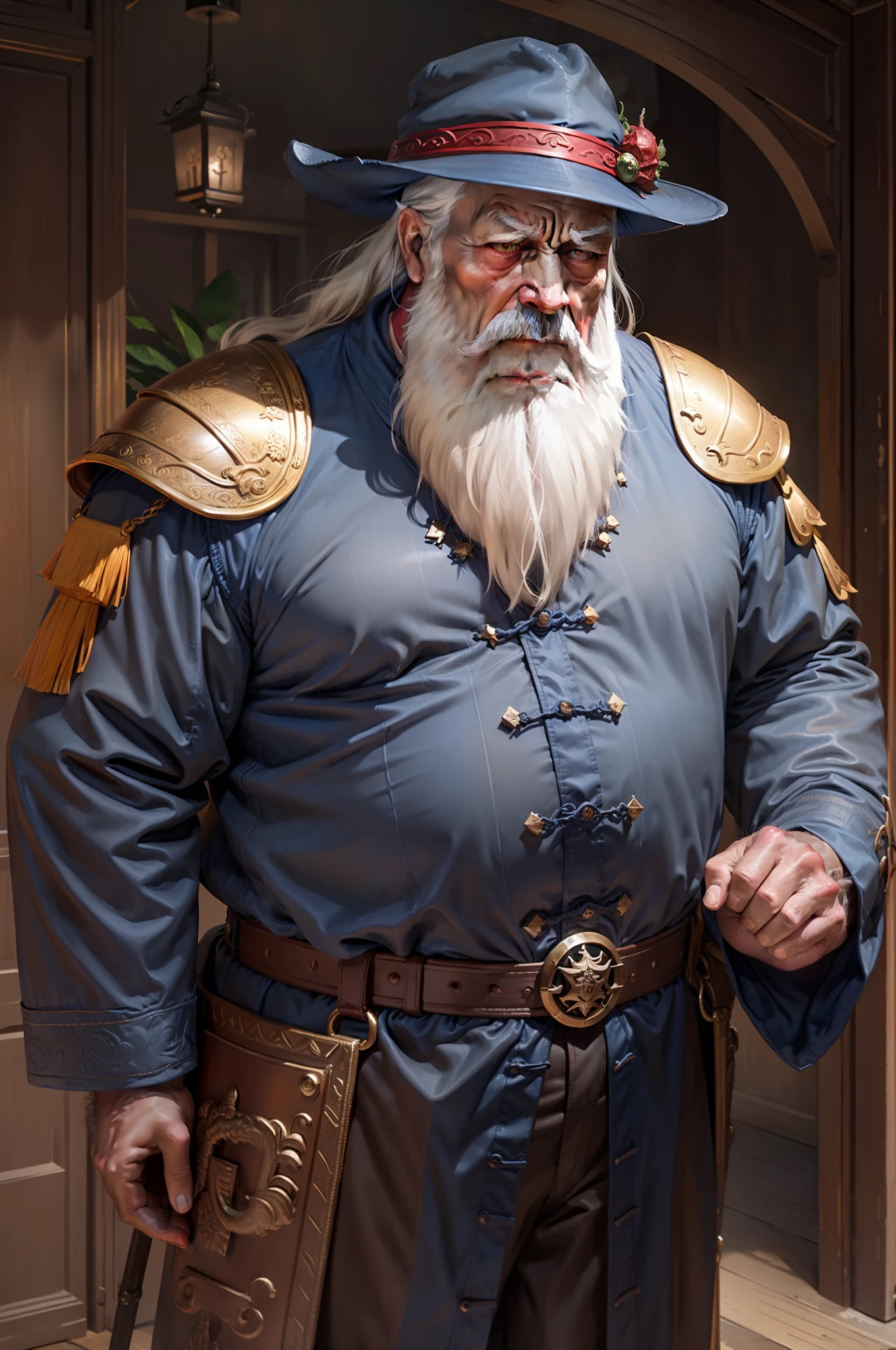 Man,dumbledore,a old man,Big chest,wearing an outfit,He wears Chinese dragon armor,Wearing a crocodile head hat,Muscle men ,Realiy