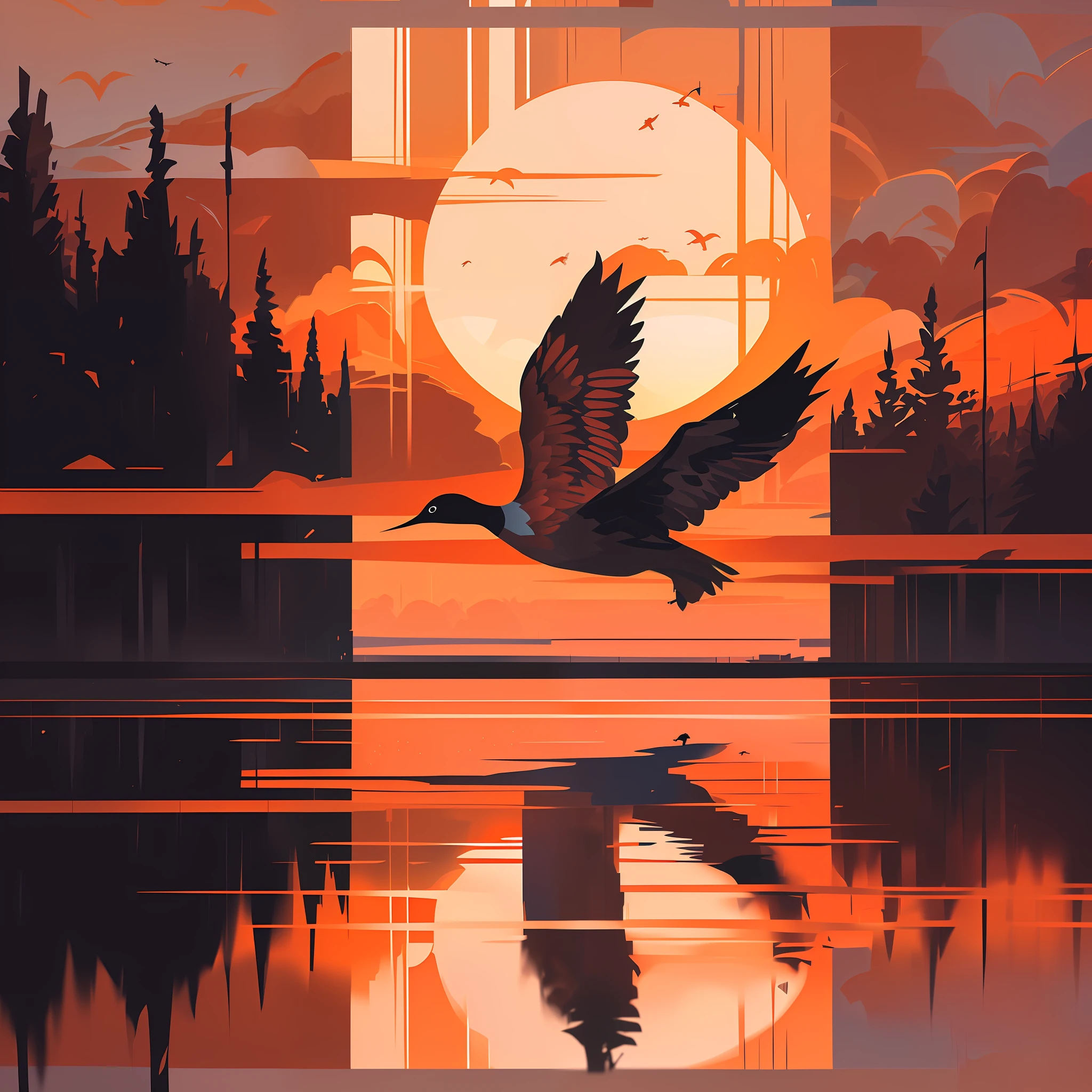 A bird flies over the lake at sunset, author:Alena Enemi, jen bartel, art by Alena Aenami, Artistic. Alena Ainami, sunset illustration, soaring over a lake in forest, in style of digital illustration, inspired by Alena Aenami, Beautiful art UHD 4 K, Beautiful digital artwork