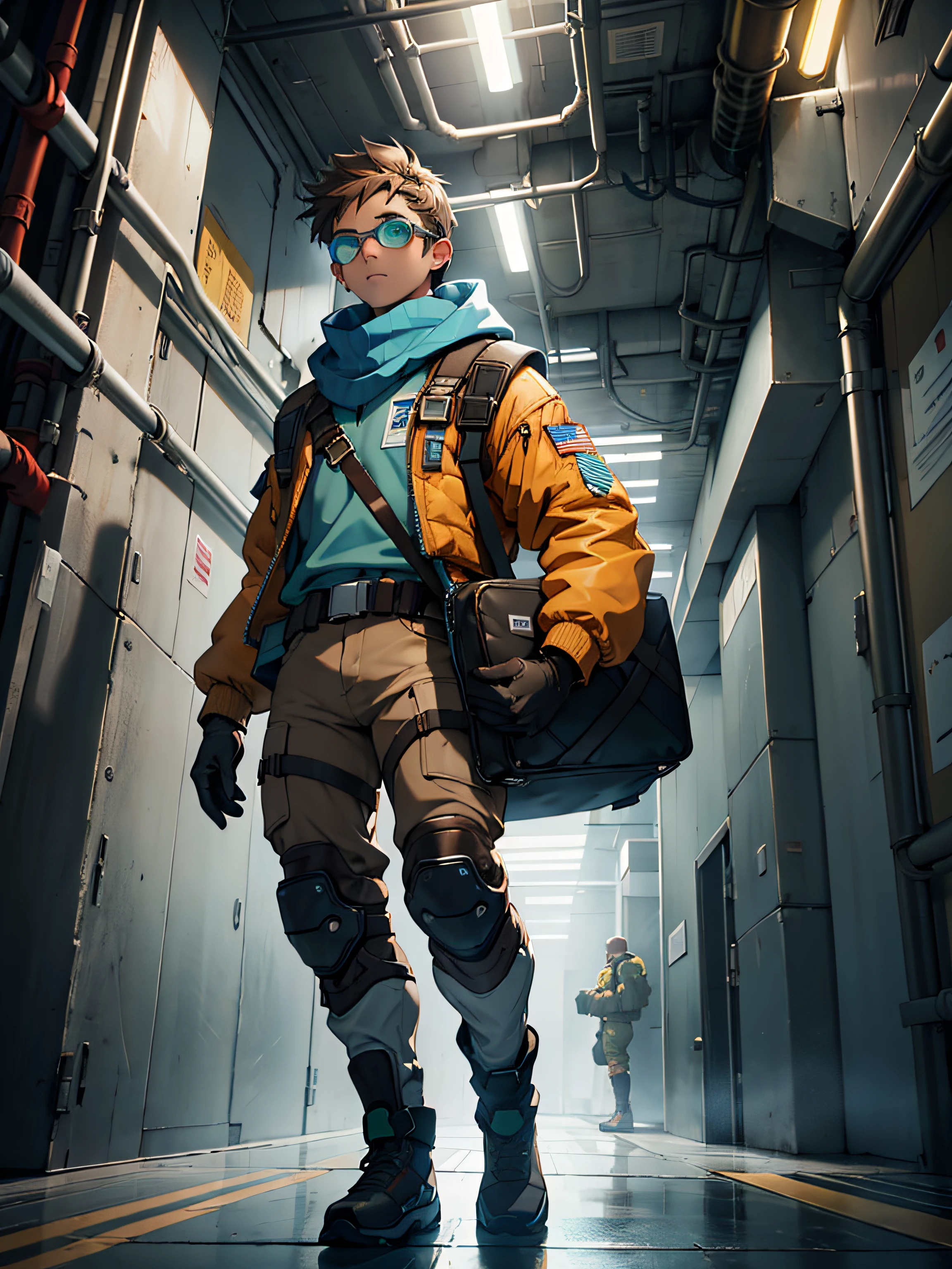 1boy, young adult, blue vest. oval shaped head, open blue vest, brown scarf, pale blue shirt, brown gloves, brown belt with a yellow star in the middle, googles, safety goggles, safety goggles on forehead, green pants, green pants with yellow stripes on both sides, silver knee pads, silver knee pads with brown straps, dark red coloured boots, light coloured skinned, dark brown hair, messy brown hair, messy short brown hair, brown eyes, hair going in a upwards wave motion at the front, determined look, full body character, full body shot, hyperdetailed, full body render, 8k resolution, high res, sharp, masterpiece, space station, space station hallway, window with space and a planet in the background, looking at viewer.