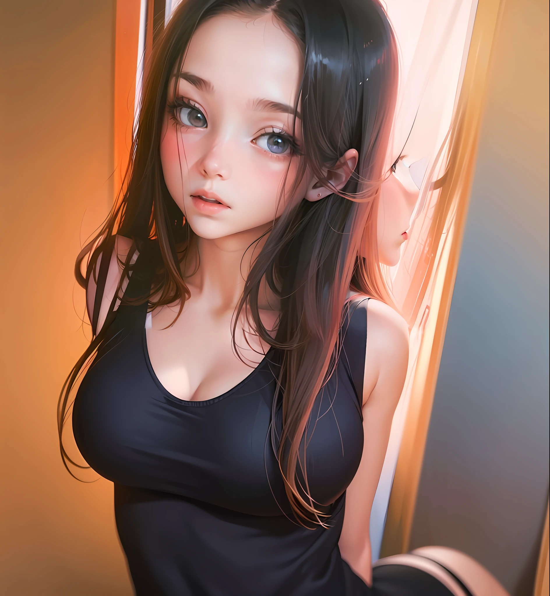 Close-up of a woman with long hair and a tank top, handsome body, Large breasts, 真实感, artwork in the style of guweiz, realistic anime 3 d style, kawaii realistic portrait, guweiz, 3 d anime realistic, photorealistic anime, hyper realistic anime, stunning anime face portrait, realistic anime style, realistic anime style, realistic young anime girl, anime realism style