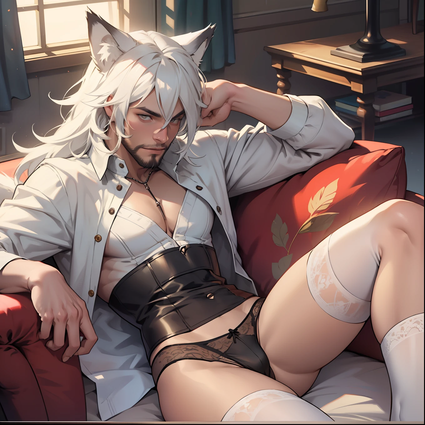 Male with light beard, flowing white hair, has wolf ears, has wolf tail, , happy, playful, sitting on couch watching tv, wearing panties, wearing stockings, wearing lingerie, wearing thigh high socks