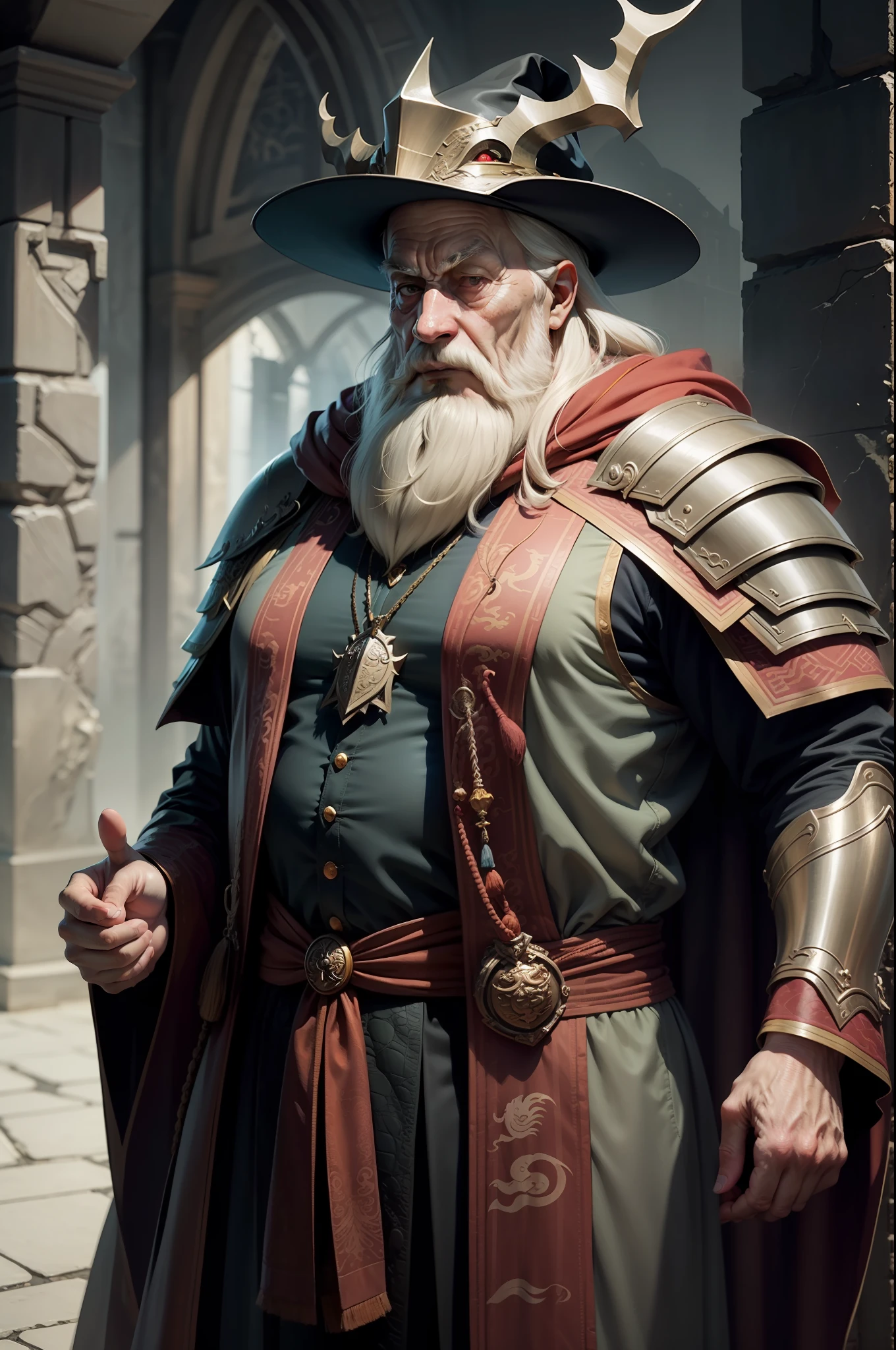 Man,dumbledore,a old man,Big chest,wearing an outfit,He wears Chinese dragon armor,Wearing a crocodile head hat,muscle men