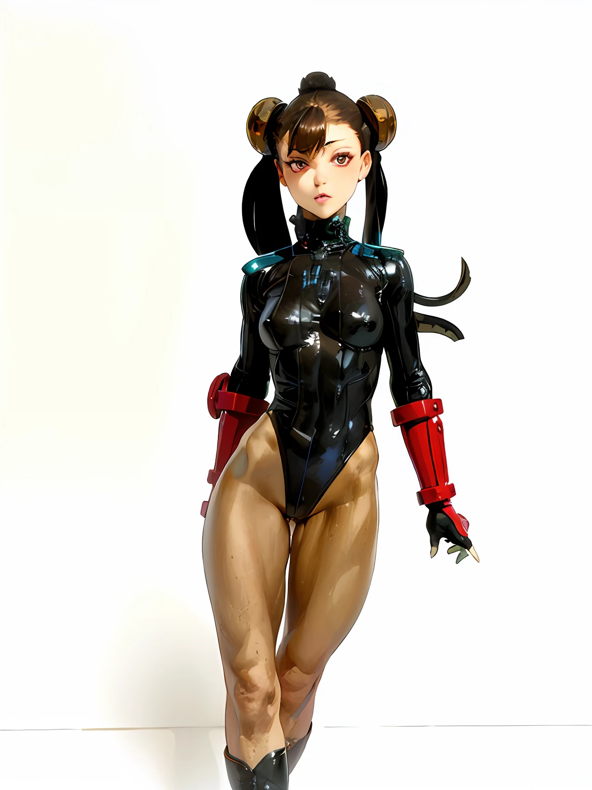 ((masterpiece、best qualified))、1girl in、独奏、ChunLi、fullbody image、Black latex bodysuit wraps the whole body、Muscular legs、eyes glowing red、Evil look、Does not expose the skin、Black boots、Chastity belt with heart design、Mechanical background、Pink lighting、Touch the crotch with your left hand。Open legs to emphasize crotch。Salute with your right hand。headphones、Black lightning around the body。