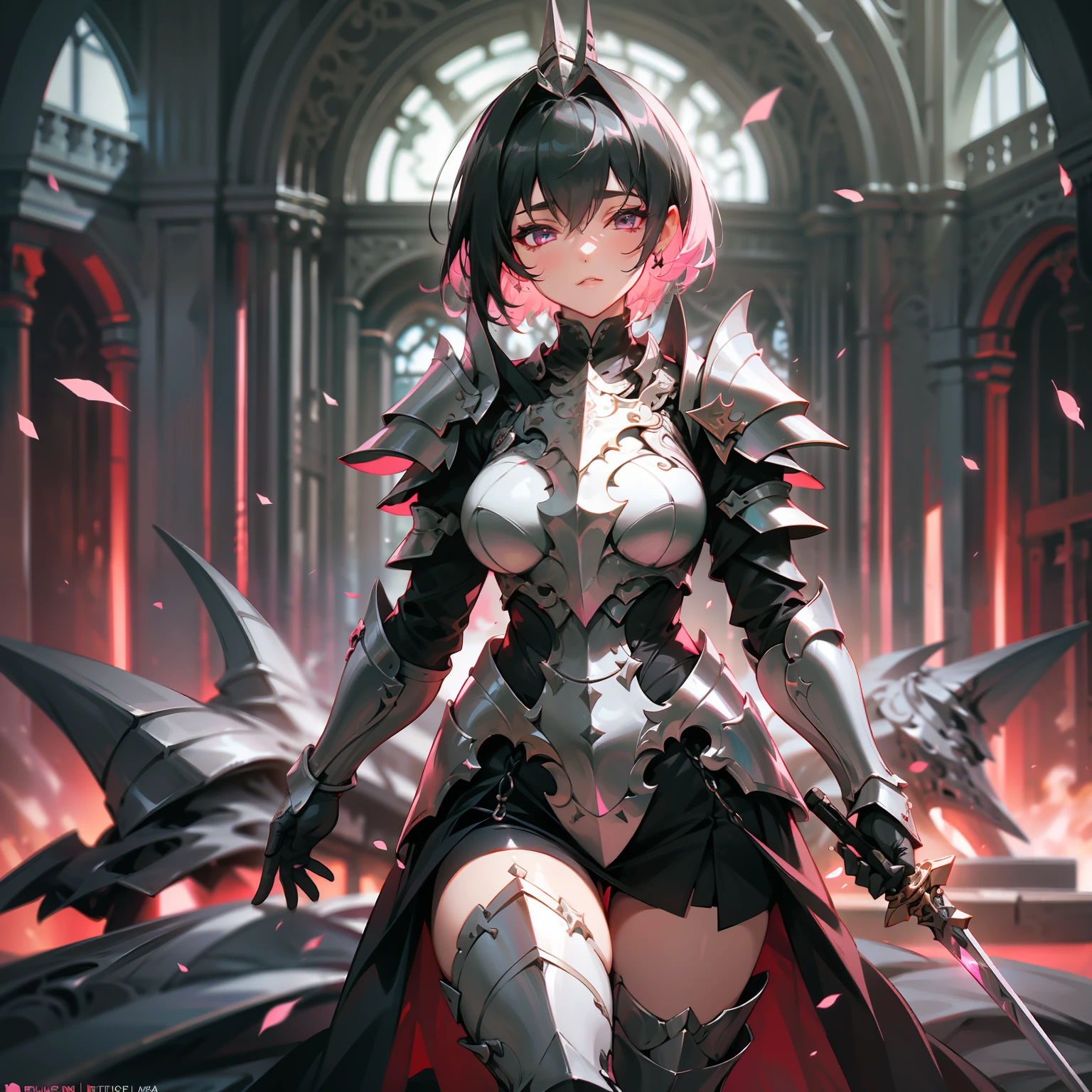 a woman, paladin, wildly black short hair, dark fantasy, detailed black and pink armor, detailed pink and black shield, large sword