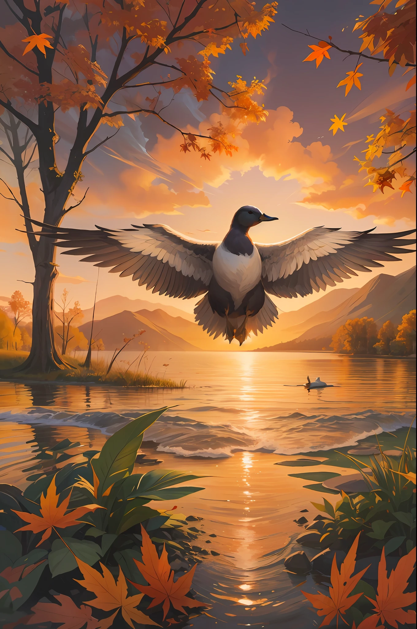 Painting of a duck flying over the lake,The background is sunset, inspired by mark keathley, author:Mark Keithley, author:Alexander Kucharisky, inspired by Patrick Brown, rob mcnaughton, hildebrandt, Beautiful art UHD 4 K, author:Patrick Brown, inspired by Terry Redlin, author:Jason Benjamin, Detailed painting 4 K