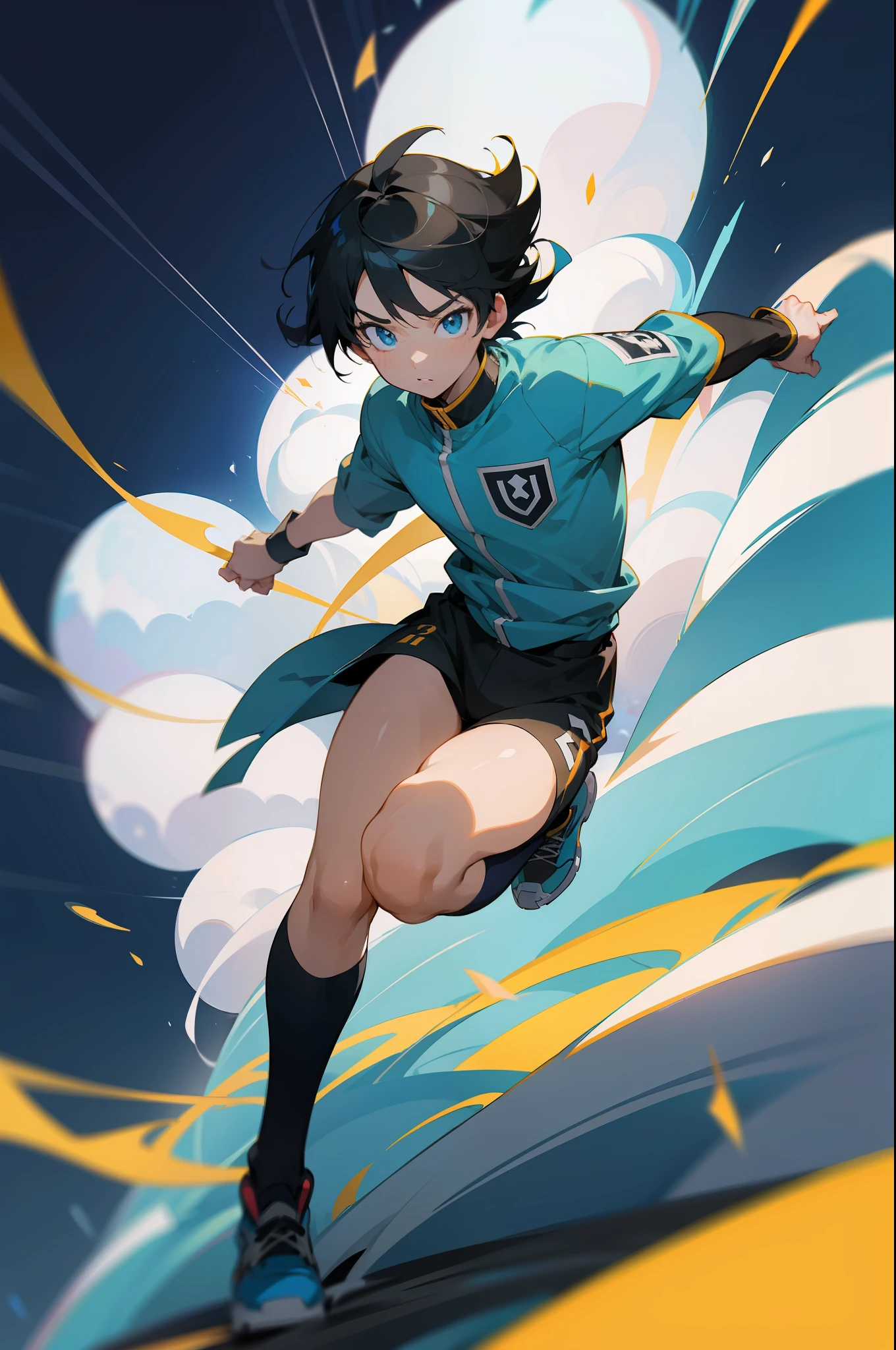Anime Boy running with a blue soccer ball on xão, Anime Voador Esper, hero 2 d fanart artsation, Anime Art Wallpaper 8K, Artgerm e Atey Ghailan, Epic anime style, estilo anime 4K, arte anime de alta qualidade, Anime Art Wallpaper 4K, Anime Art Wallpaper 4K, Digital anime illustration, anime fantasy illustration