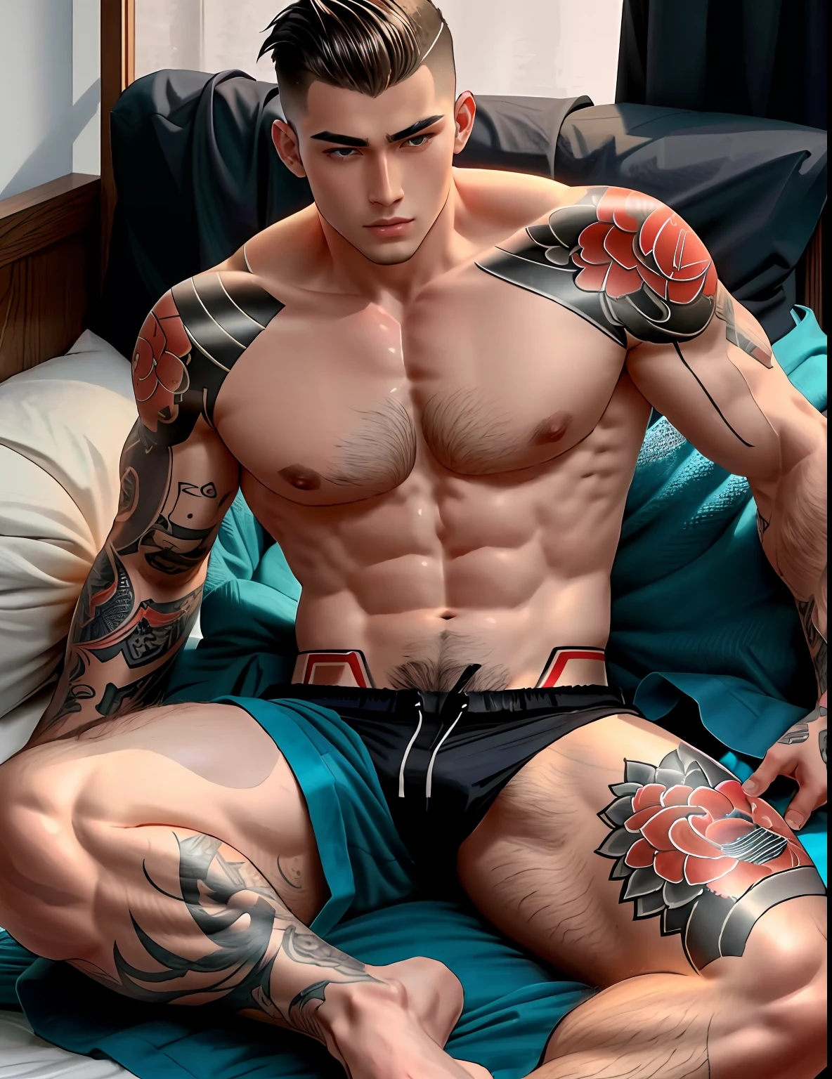 full body and head shot. handsome shirtless fit young adult manly man, detailed face, pale skin, tattoo, irezumi, buzzcut, chest hair, pubic hair, very attractive, incredibly handsome, digital painting, overdetailed digital painting, best quality, soft lighting,