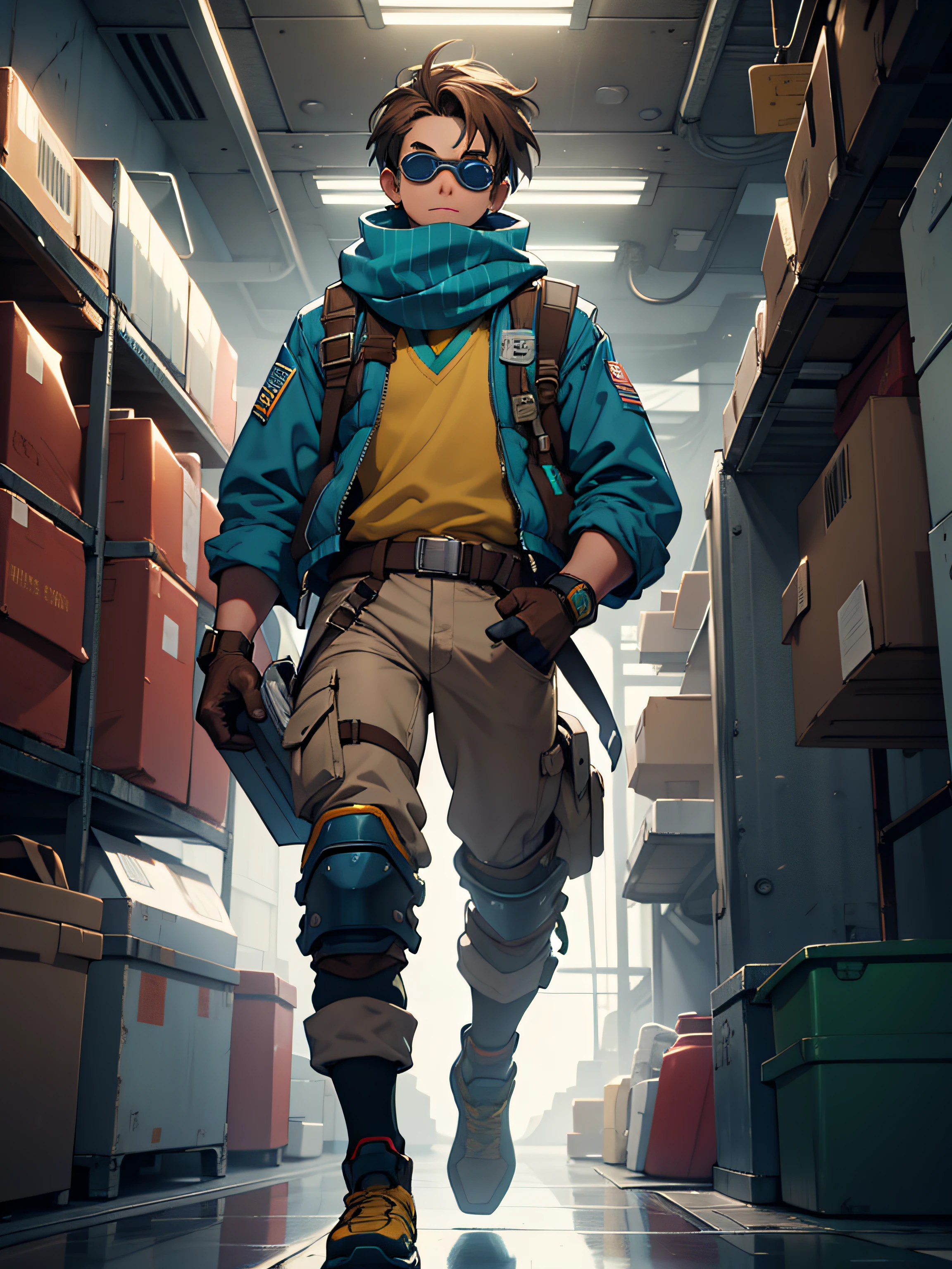 1boy, young adult, blue vest. oval shaped head, open blue vest, brown scarf, pale blue shirt, brown gloves, brown belt with a yellow star in the middle, googles, safety goggles, safety goggles on forehead, green pants, green pants with yellow stripes on both sides, silver knee pads, silver knee pads with brown straps, dark red colored boots, light colored skinned, dark brown hair, messy brown hair, messy short brown hair, brown eyes, hair going in a upwards wave motion at the front, determined look, full body character, full body shot, hyperdetailed, full body render, 8k resolution, high res, sharp, masterpiece, space station, space station hallway, window with space and a planet in the background, looking at viewer.