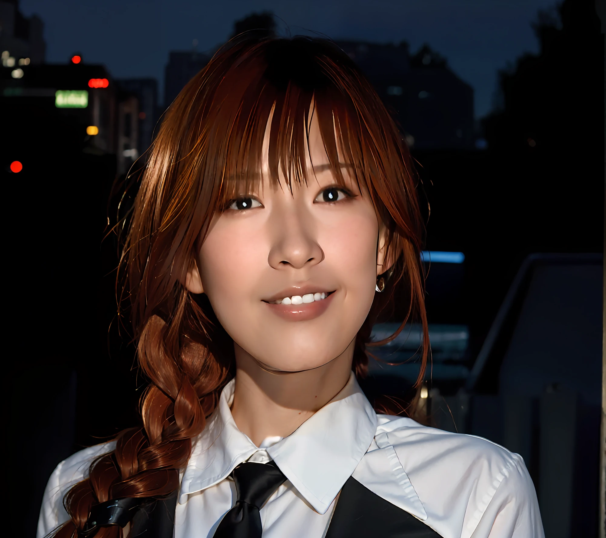 top-quality、超A high resolution、(Photorealsitic:1.4)、natta、The most beautiful woman、red hairs、Single Braid Hair、(((black suits)))、Black suit pants、(((White shirt with tie)))、Long bangs、Suit without button closure、