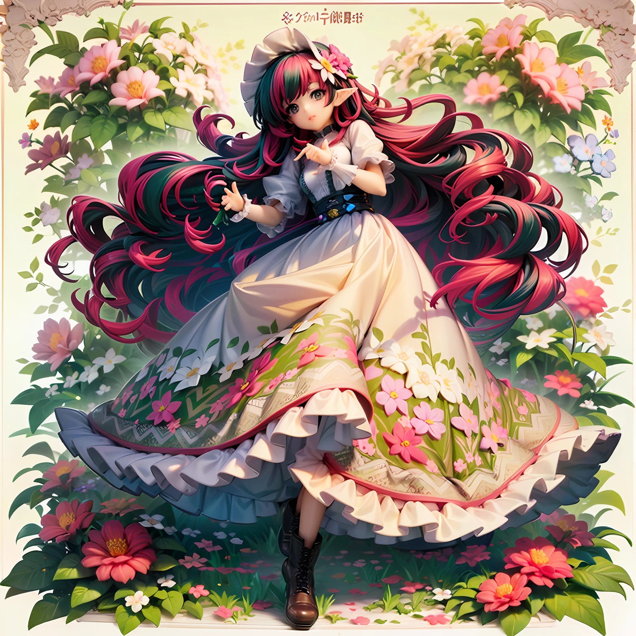 ((anime:1.1)),((Botanical art background:1.3)),white background,fullbody,((cute 1 girl:1.2)),chubby,has a big sword,very long hair,((short-sleeved dress,:1.2)),((with ruffled collar)),((ruffled lace)),((long skirt:1.3)),boots,elf, looking at viewer,((flower background:1.2)),((multicolored lots of flowers:1.3)),