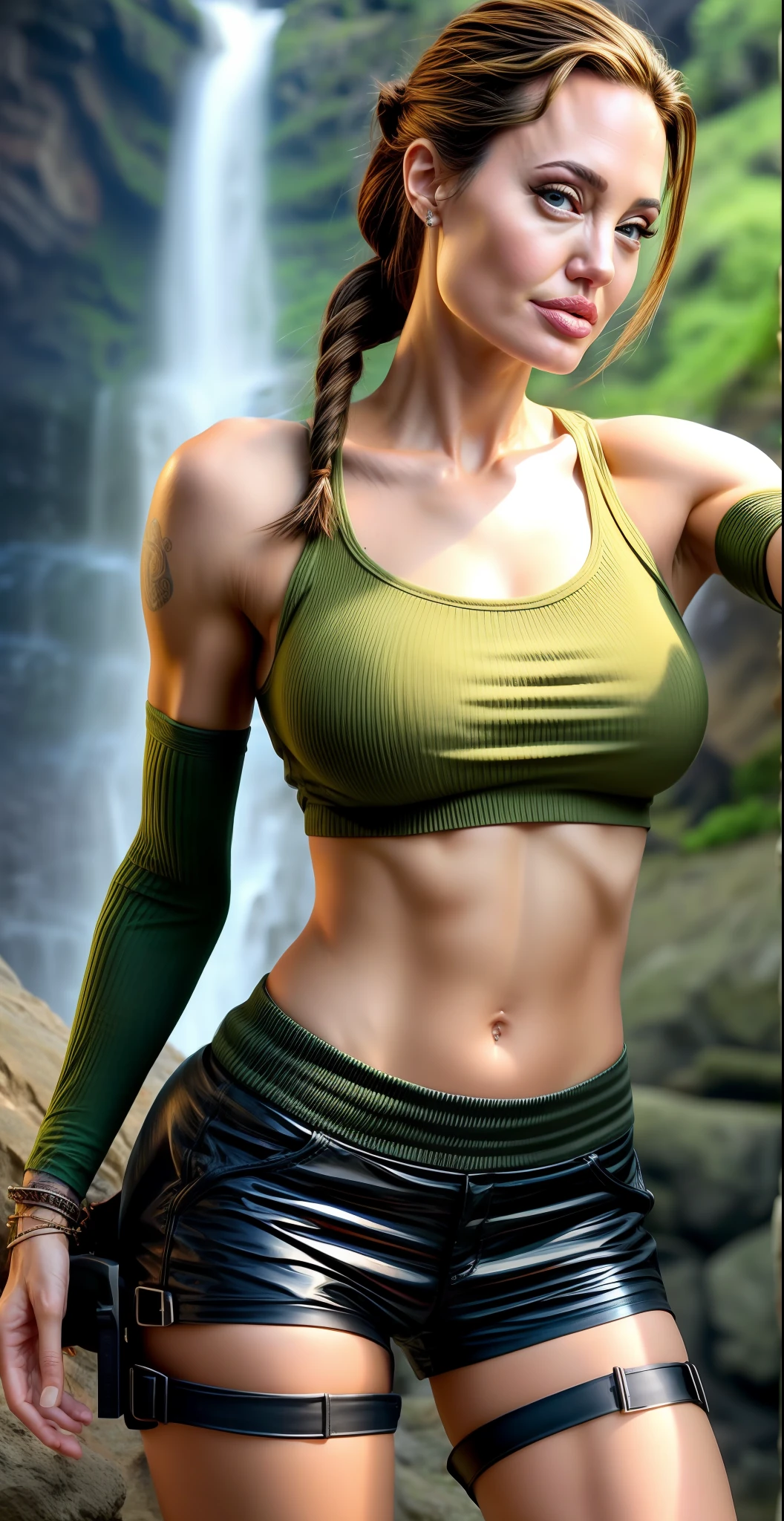 a close up of a Angelina Jolie at the age of 25years old, holding two guns in a silver long sleeve crop top, silver short shorts, standing in a colossal cave on a detailed boulder with a waterfall falling into the cave, outfit, lara croft, portrait of lara croft, tomb raider beautiful, muscular sweat lara croft, Angelina Jolie as lara croft, tomb raider, waist - shot, long black Braided Ponytail, black hair, sexy, model pose